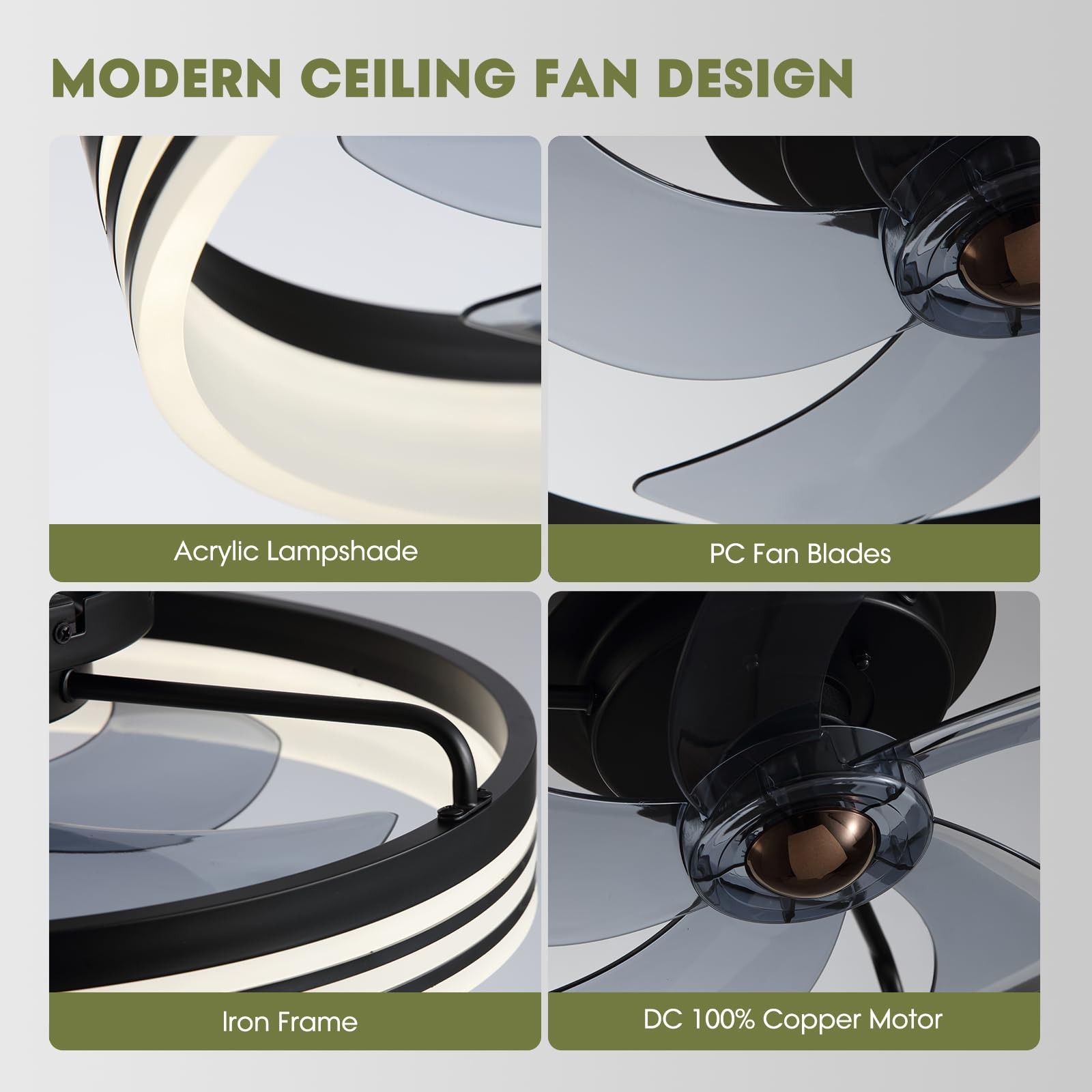 Ceiling Fan with Light, Flush Mounted Ceiling Fan with Lights, 6 Wind Speeds ...