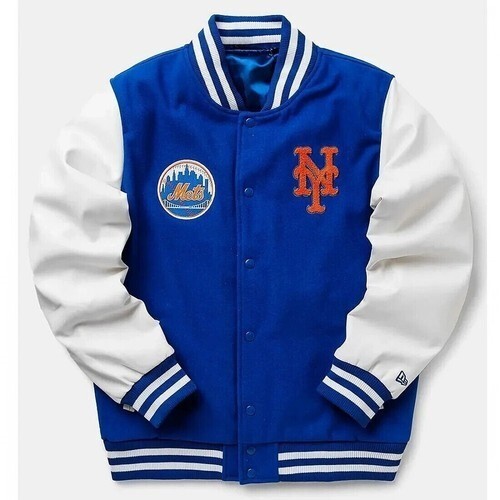 New York  Premium Blue Wool Body White  Faux Leather Sleeves Mets Varsity Jacket