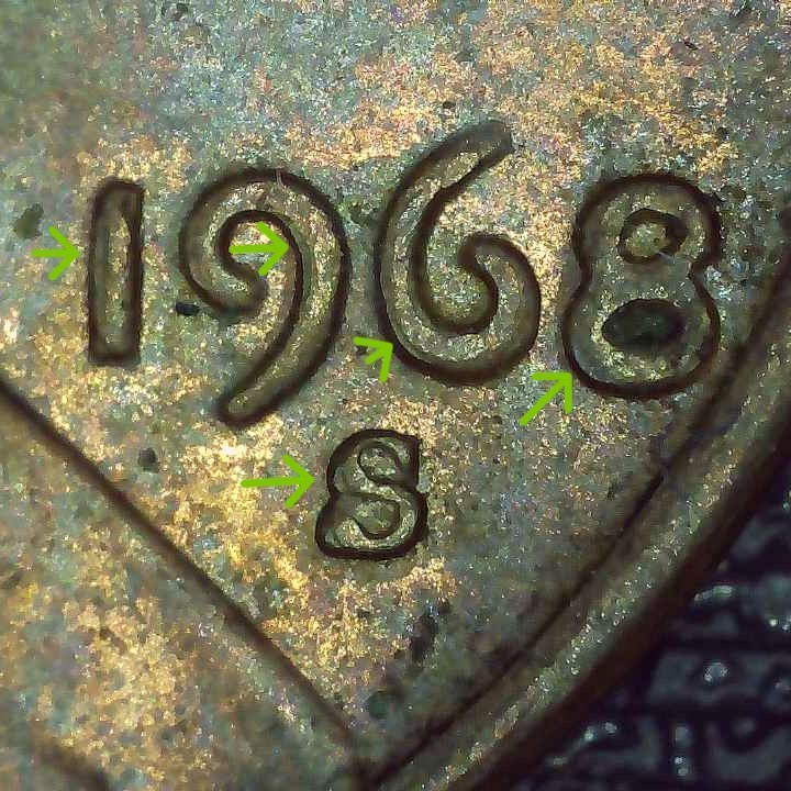1968 S Lincoln Penny error misaligned die, strike doubling