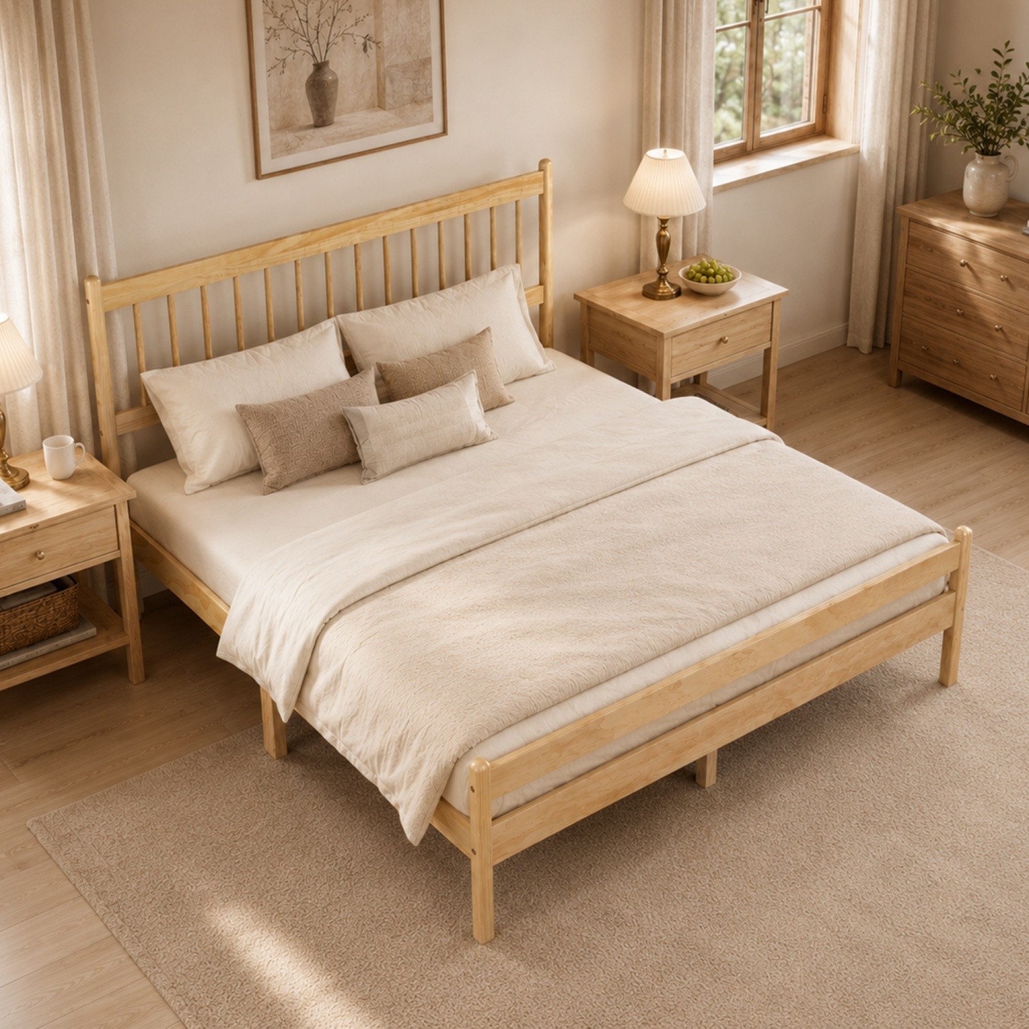 Queen Size Solid Wood Bed Frame w/ Headboard & Footboard No Box Spring Needed