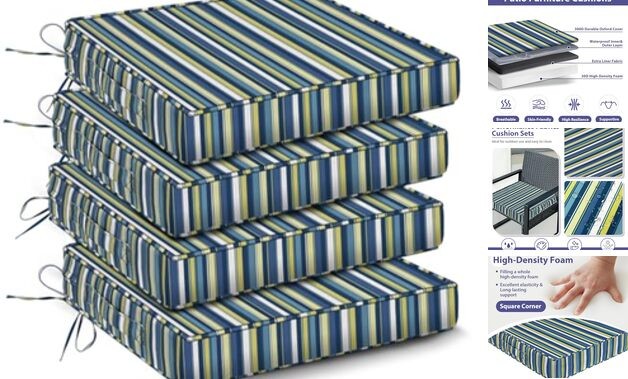 Outdoor Chair Cushions Set of 4,Waterproof Outdoor 19x19x3-Square Blue Stripe