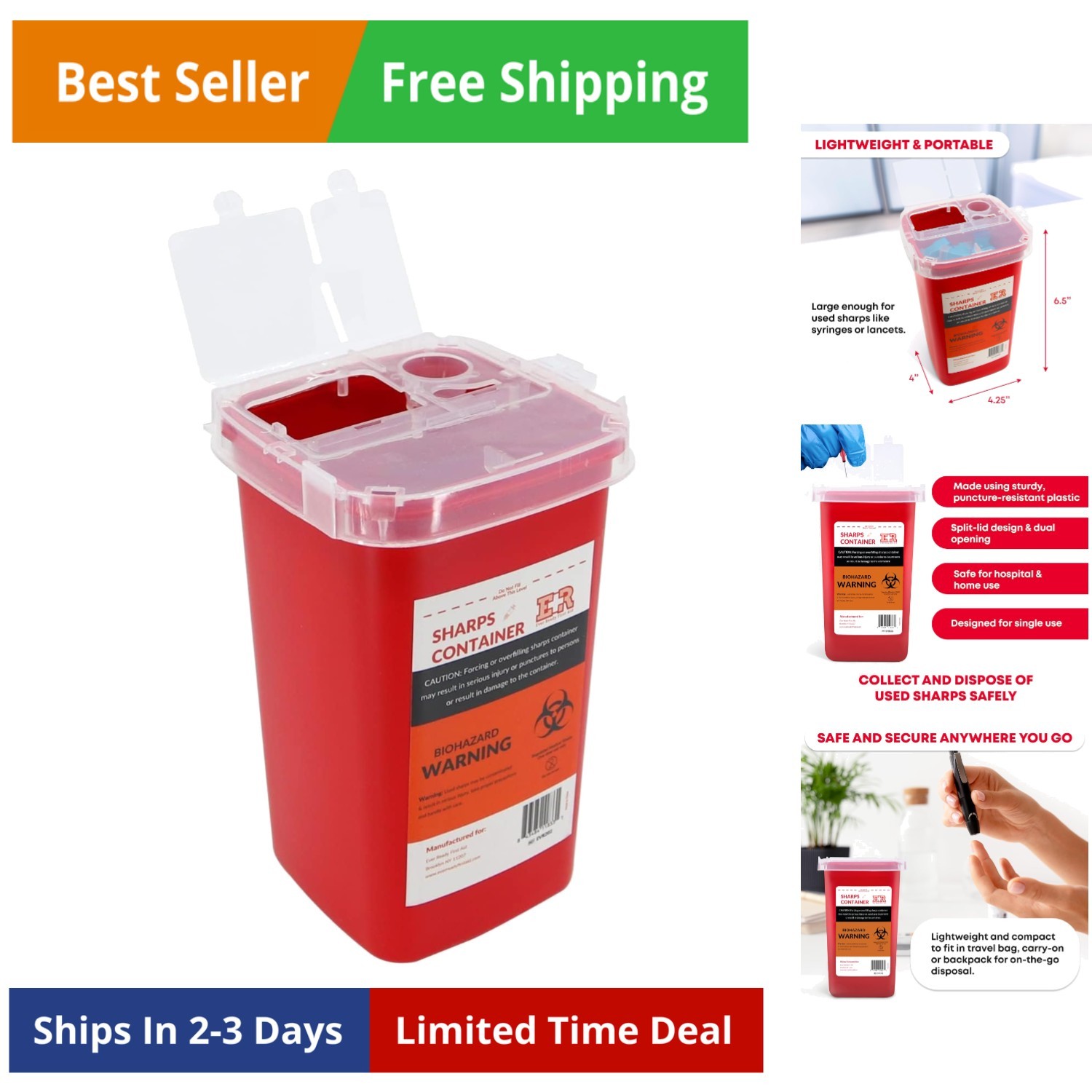 Sharps Container with Split Lid Design and Locking Mechanism for Sharp Waste ...