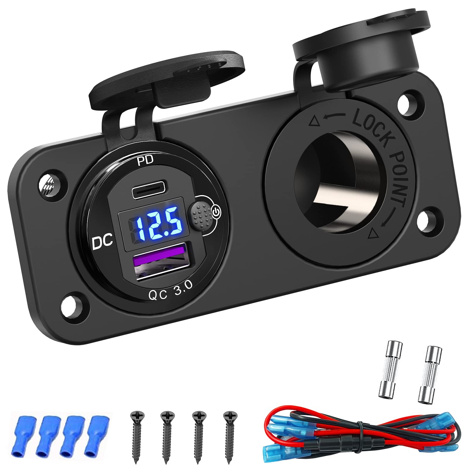 Cigarette Lighter Socket 12 Volt USB Outlet: PD 20W C and 2 in 1 - voltmeter