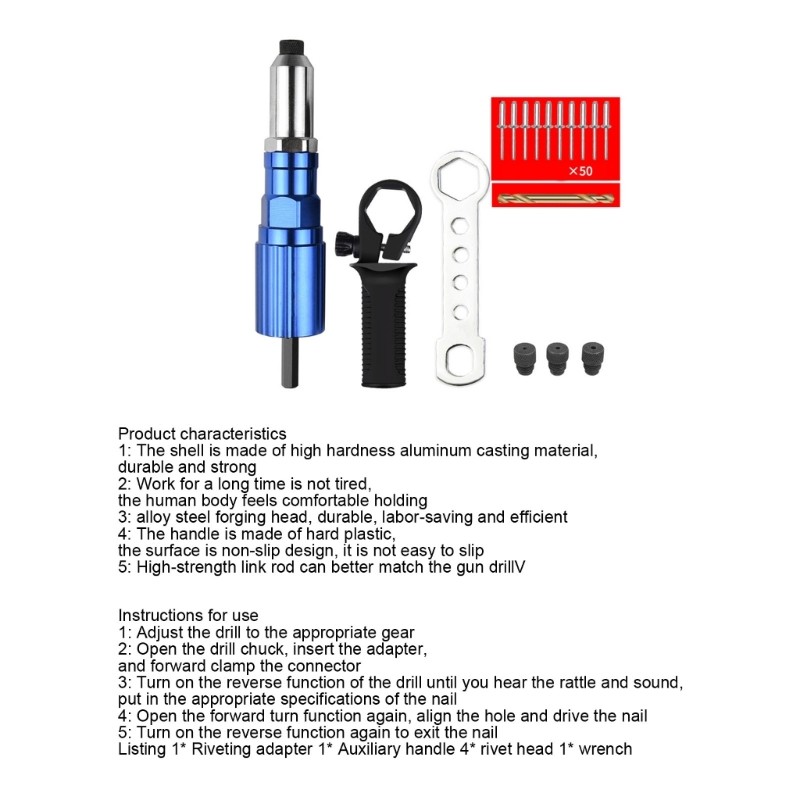 Rivet Adapter for Electric Drill, Cordless Riveting Tool Kit, Hand Tool