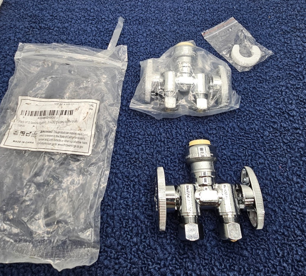 (QTY 2) Seelink Push-Fit Double Outlet Angle Stop Valve, Lead-Free