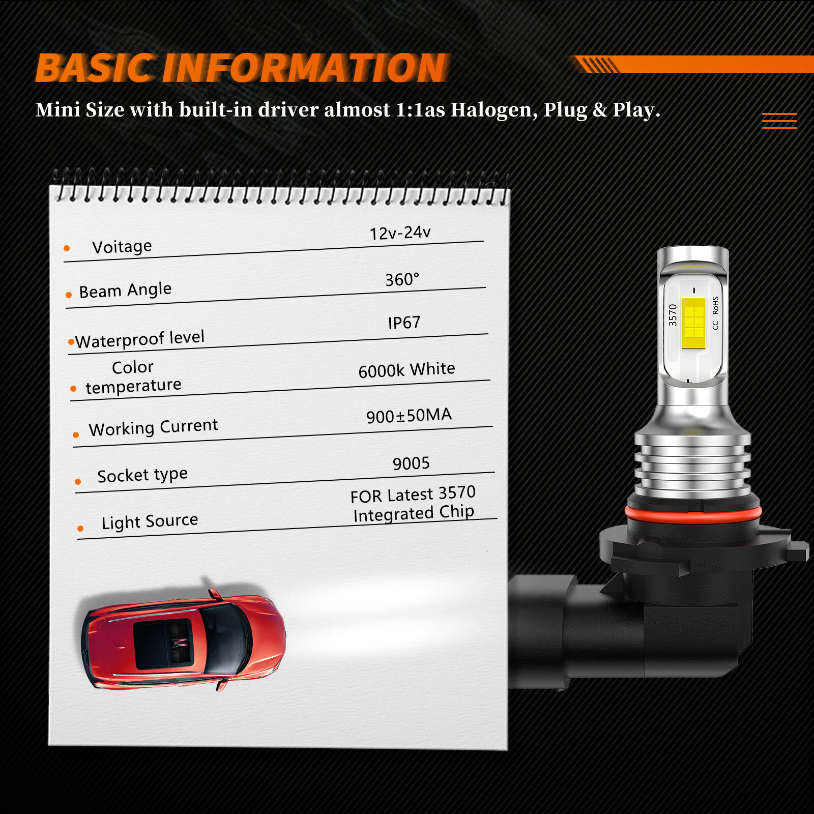 9006 HB4 LED Headlight Bulb Conversion Kit Low Beam White Super Bright 6500K