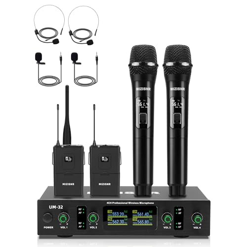 Lapel Wireless Microphone System with Headset & Lavalier Mics, 4 Channel UHF