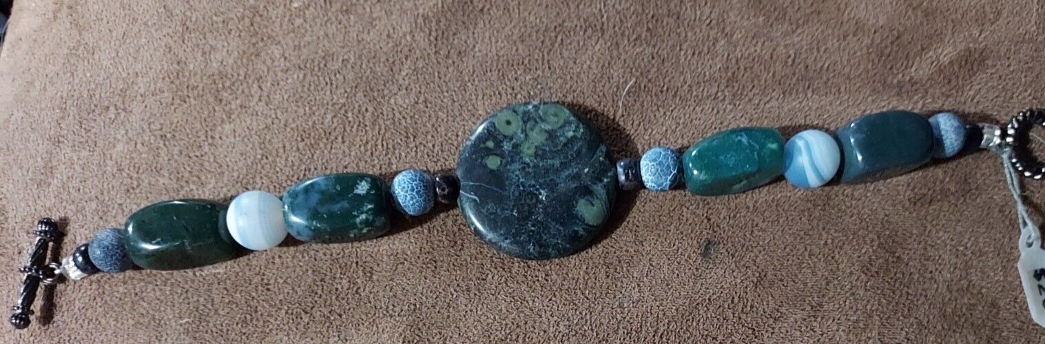 Artisan Green Blue Gemstone Jasper Bracelet 7.5"