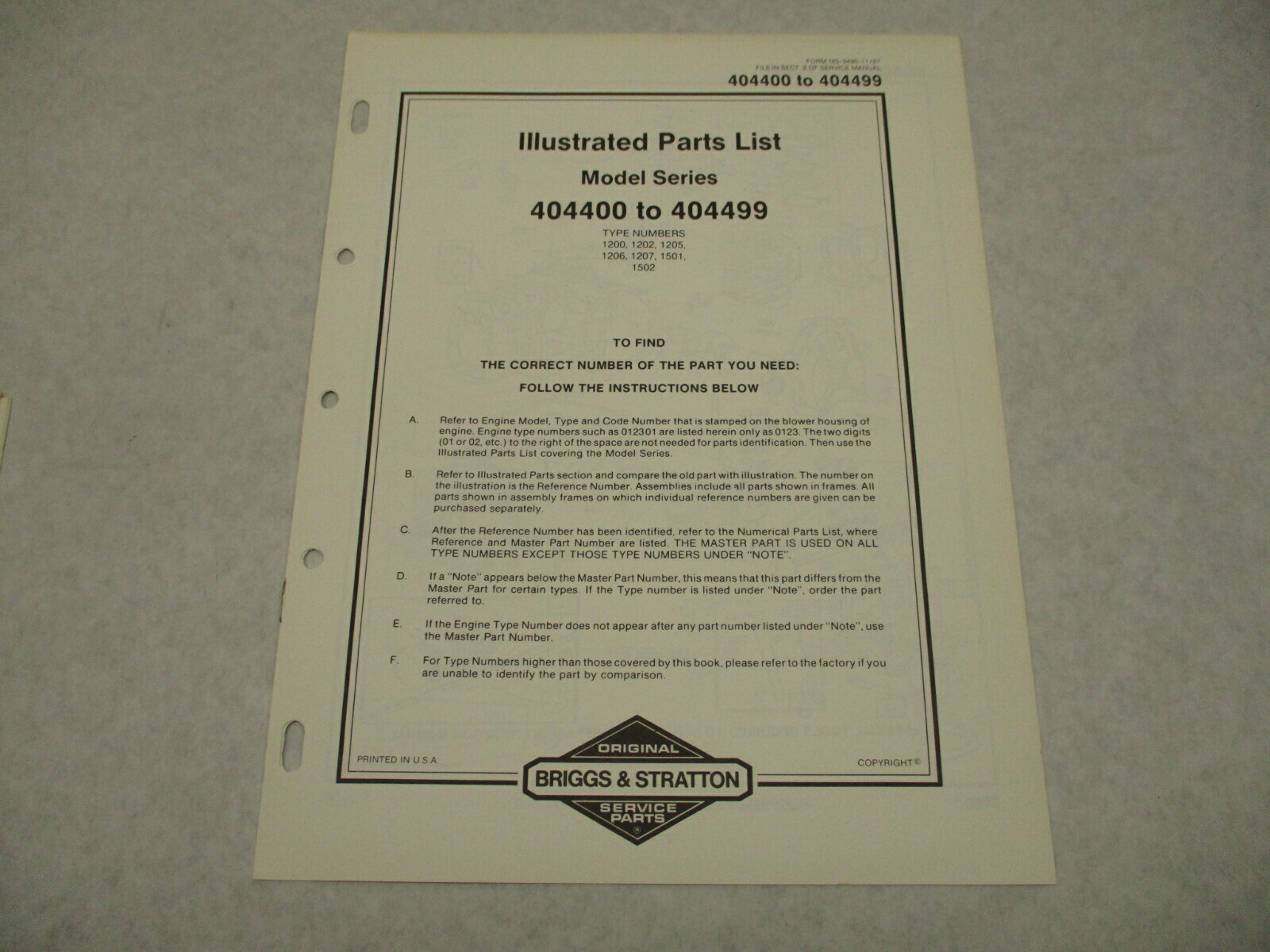 MS-9490-11/87 Briggs & Stratton Illustrated Parts List for Model 404400-404499