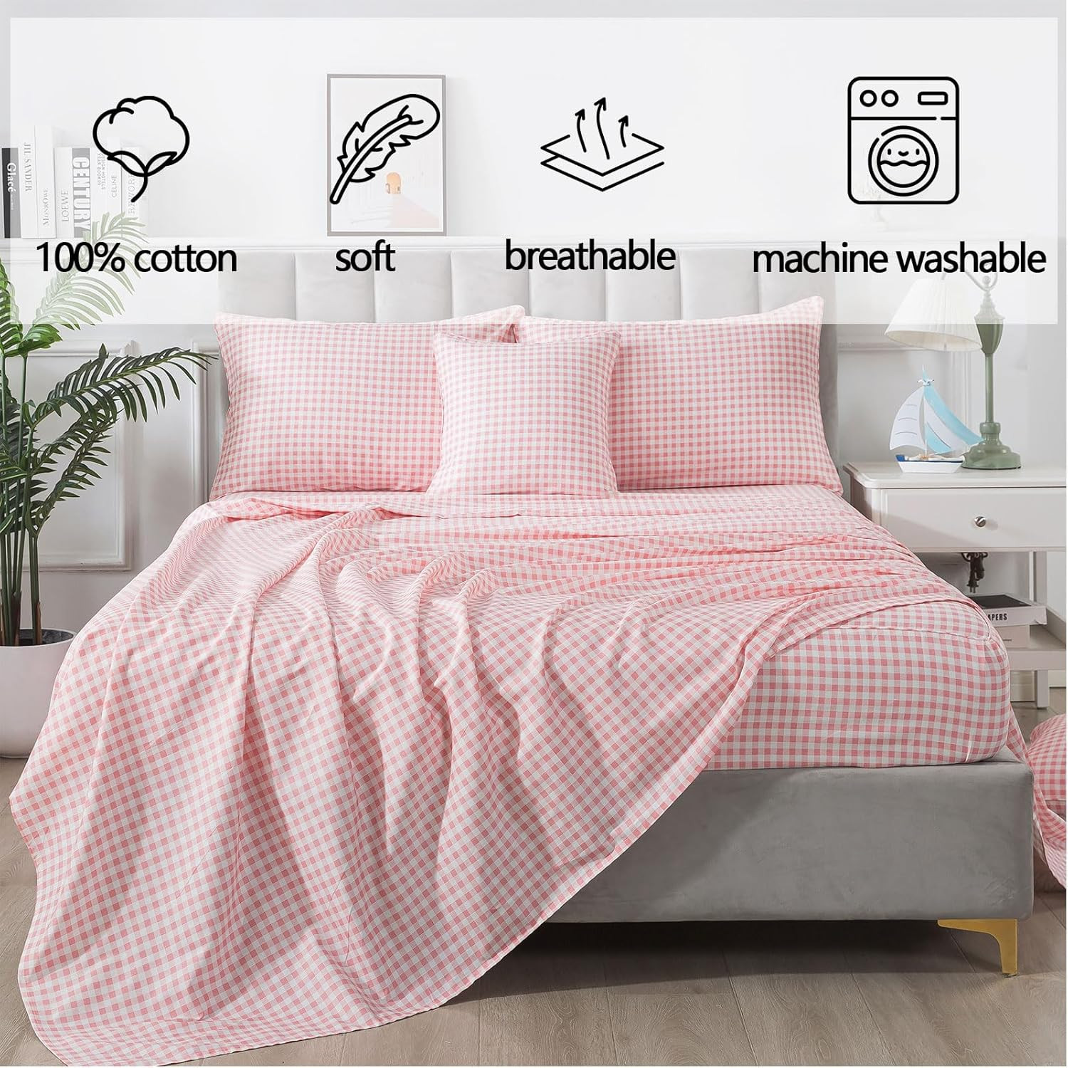 Ultra Soft Pink Plaid King Size Cotton Sheets with 2 Pillowcases - 4Pcs Set