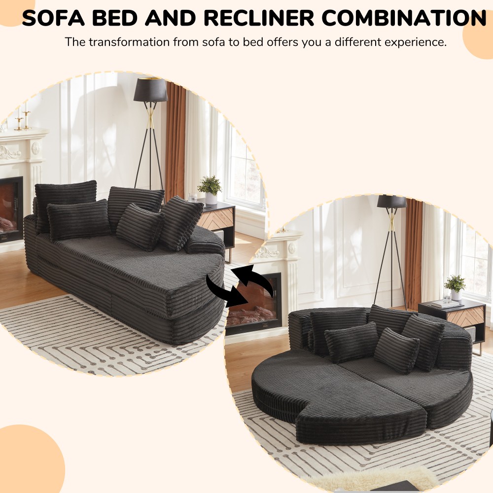 78.5" Corduroy Semi-Circular Sofa Bed w/ Neck Pillow & Throw Pillows