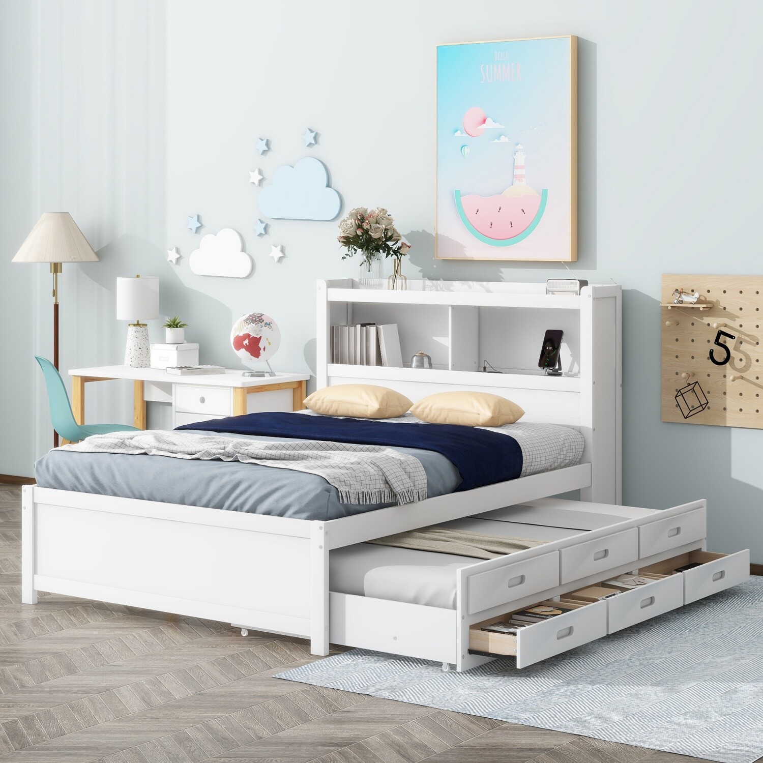 Full Size Bed Frame Wood Platform Bed with Pull Out Trundle & Drawers White/Gray