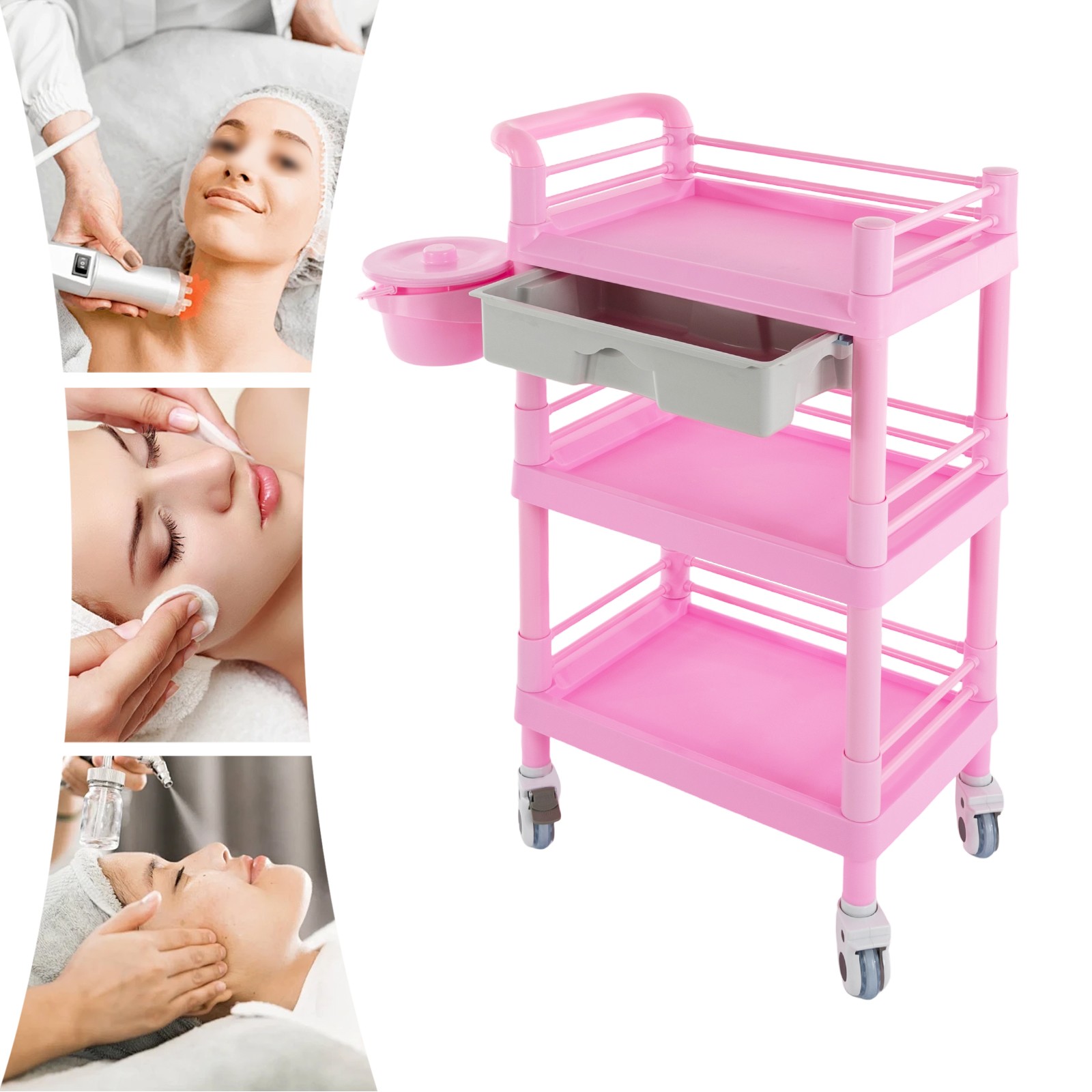 3-Tier Utility Cart Mobile Storage Cart w/4 Wheels Trolley Cart for Beauty Salon