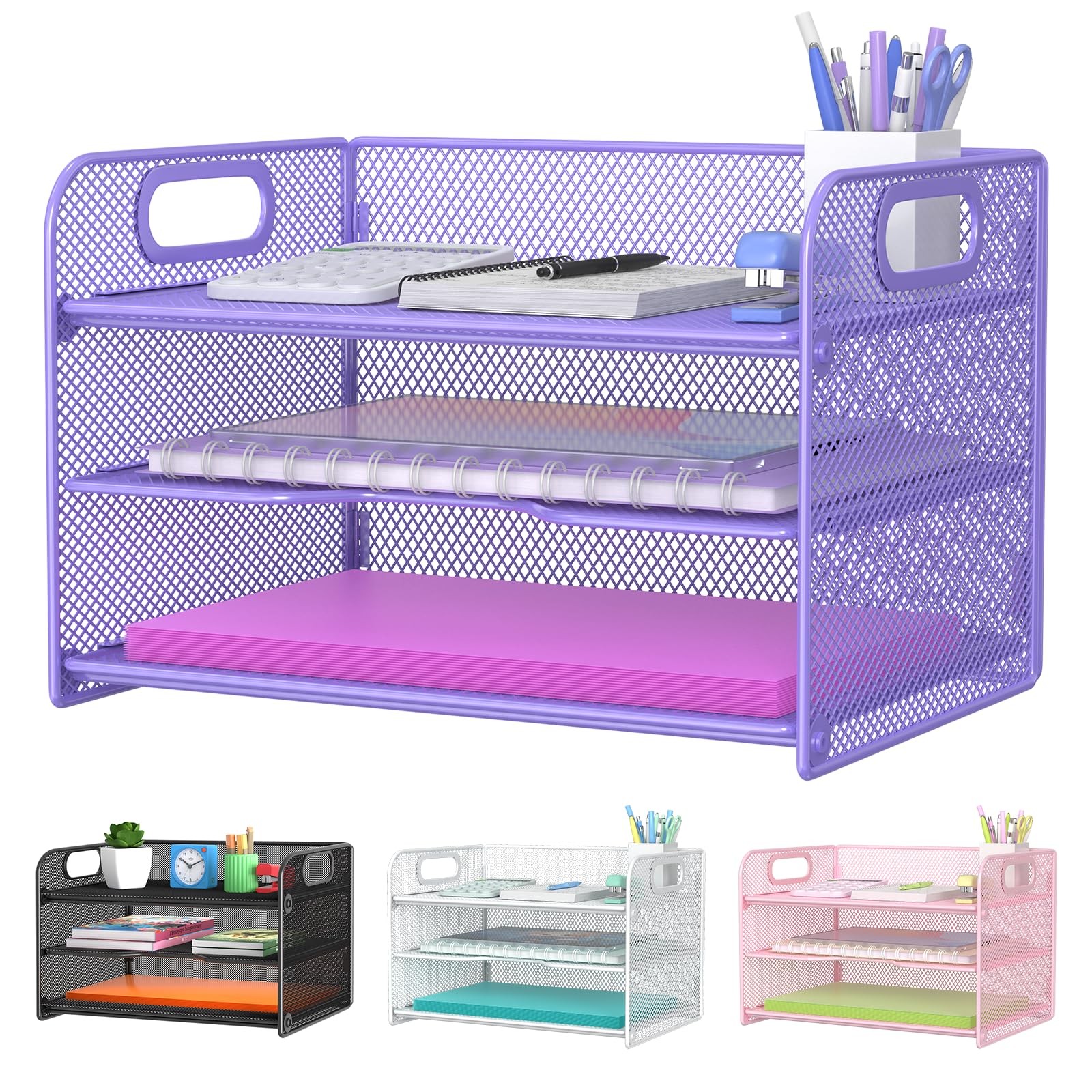 3 Tier Purple Letter Tray Paper Organizer with Handle, Mesh Desk Organizer Pa...