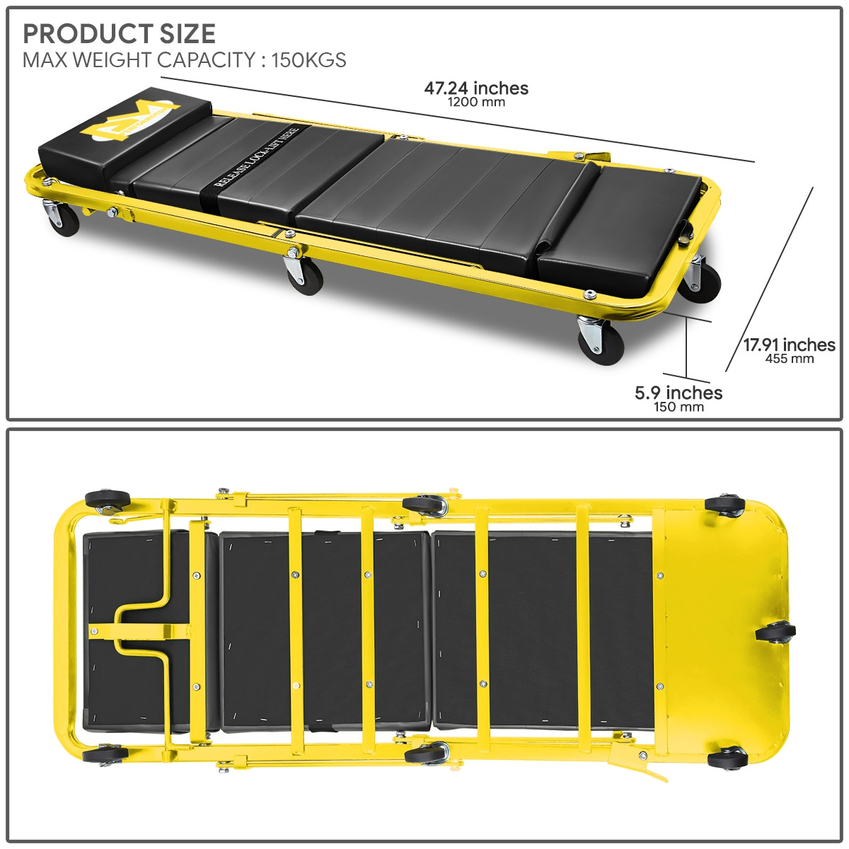 2-IN-1 48" Foldable Z Creeper Mechanics Garage Work Stool Rolling Chair Yellow