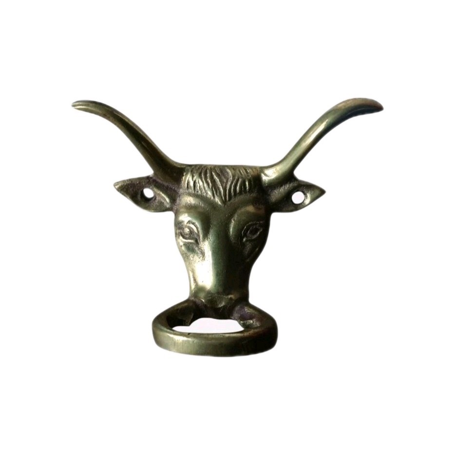 Vtg Solid Brass Bull Head Bottle Opener Counter Mountable OOAK Longhorn Steer