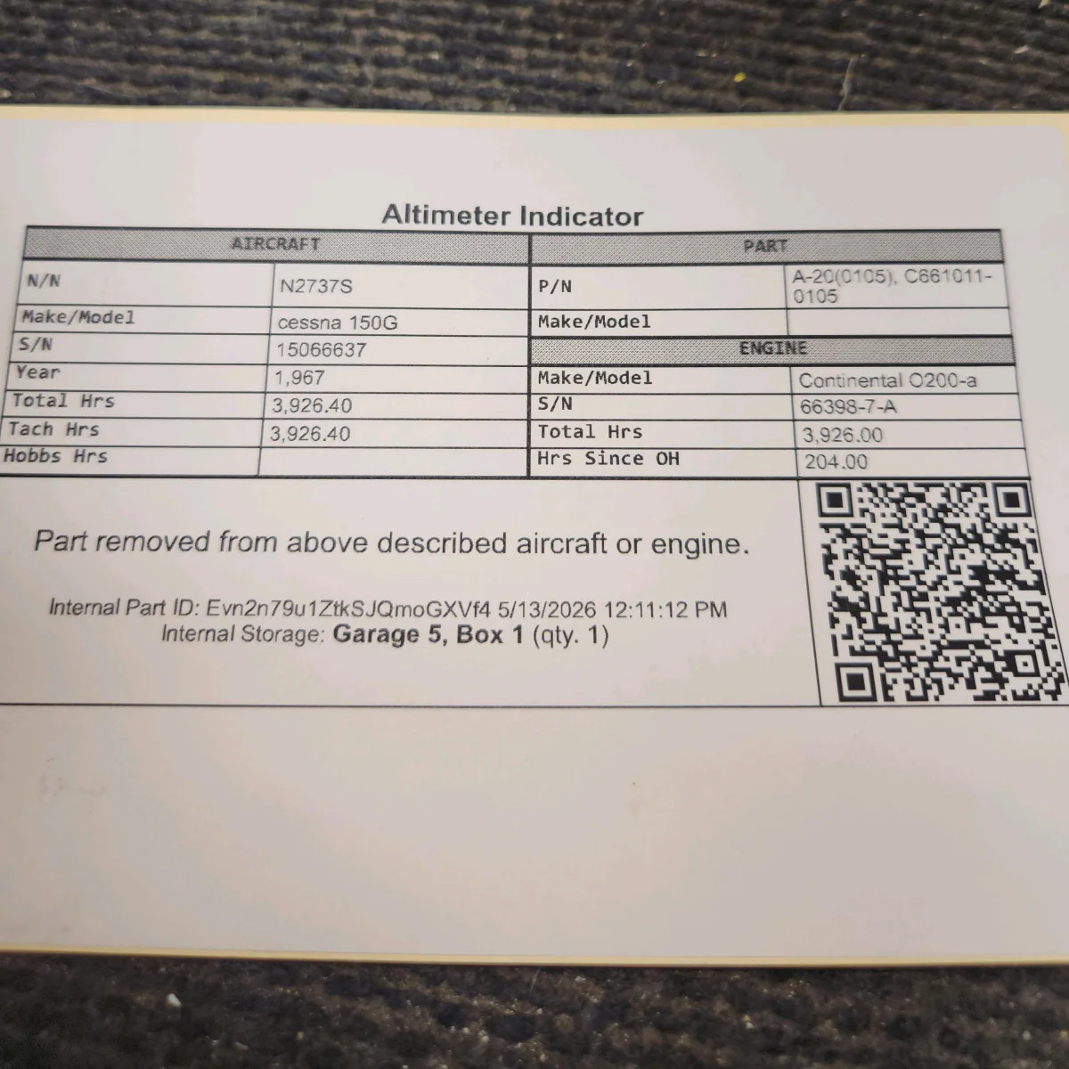 A-20(0105) | cessna 150G | Altimeter Indicator