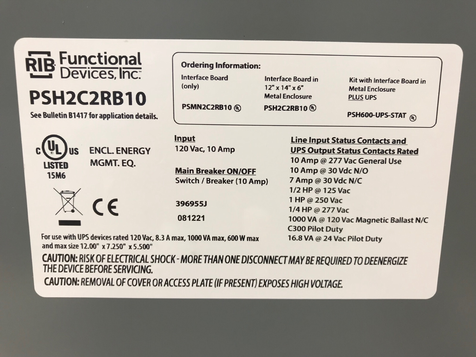 RIB FUNCTIONAL DEVICES PSH600-UPS-STAT ENCLOSED UPS INTERFACE BD W/600VA UPS