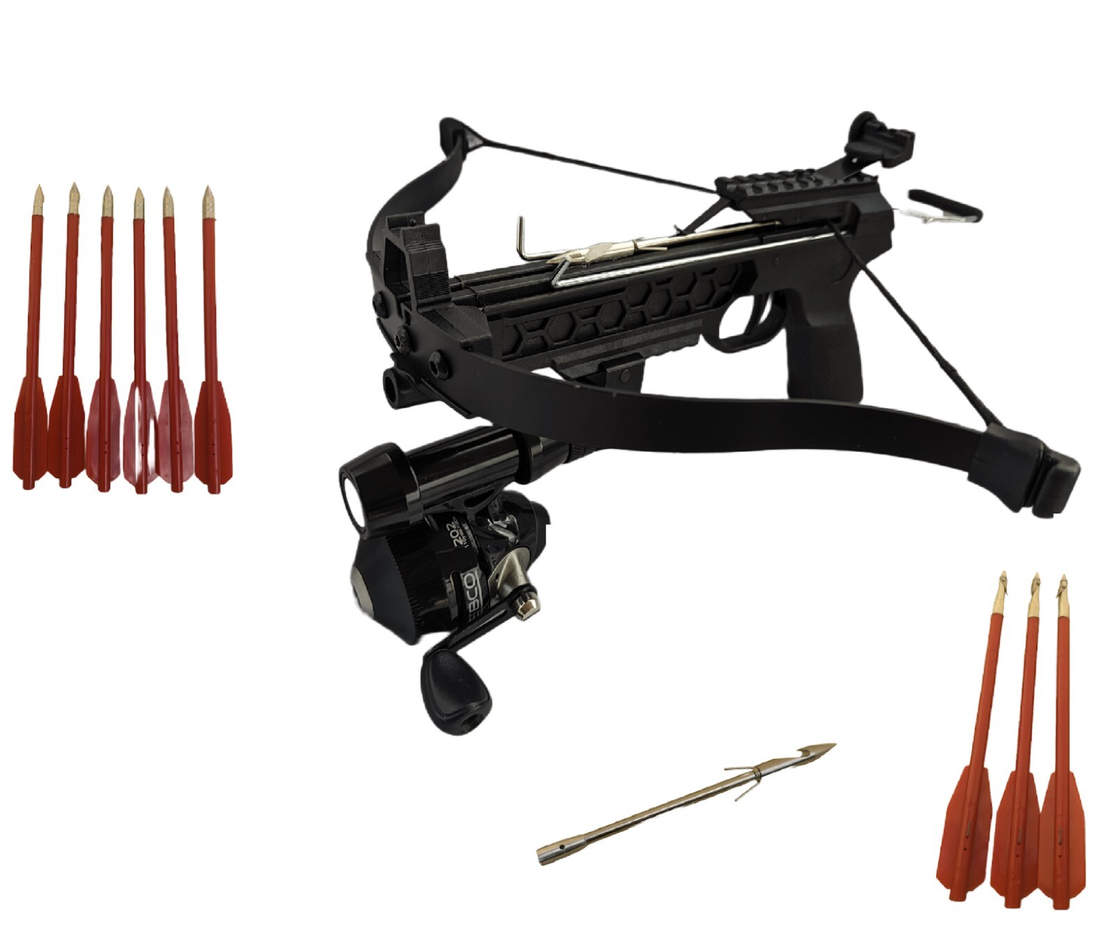 80 lbs FISHING CROSSBOW WITH 6" heavy steel FISHING BOLT AND FISHING REEL