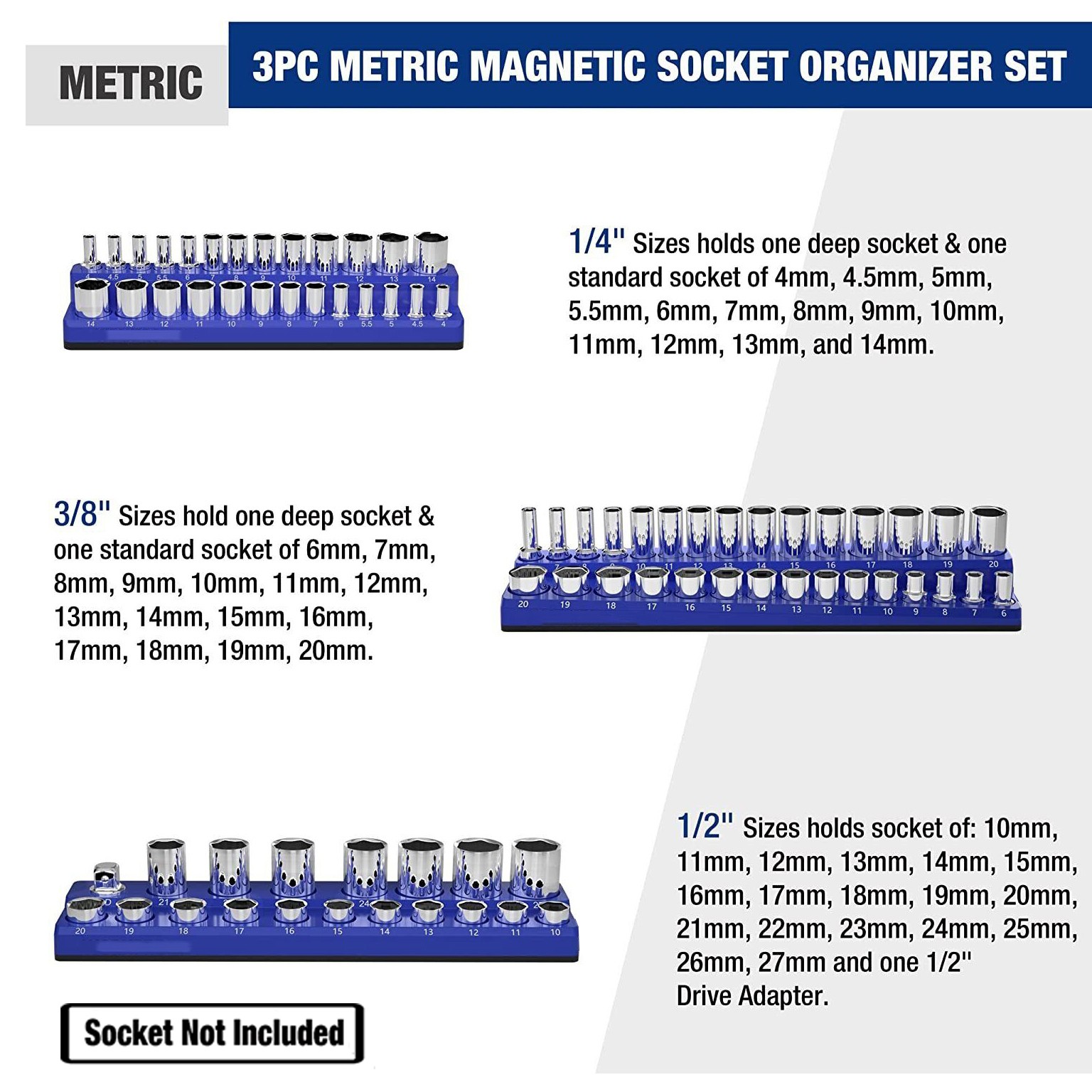 Magnetic Socket Organizer Holder 6-PACK Set 1/4'' 3/8'' 1/2'' Drive Metric + SAE