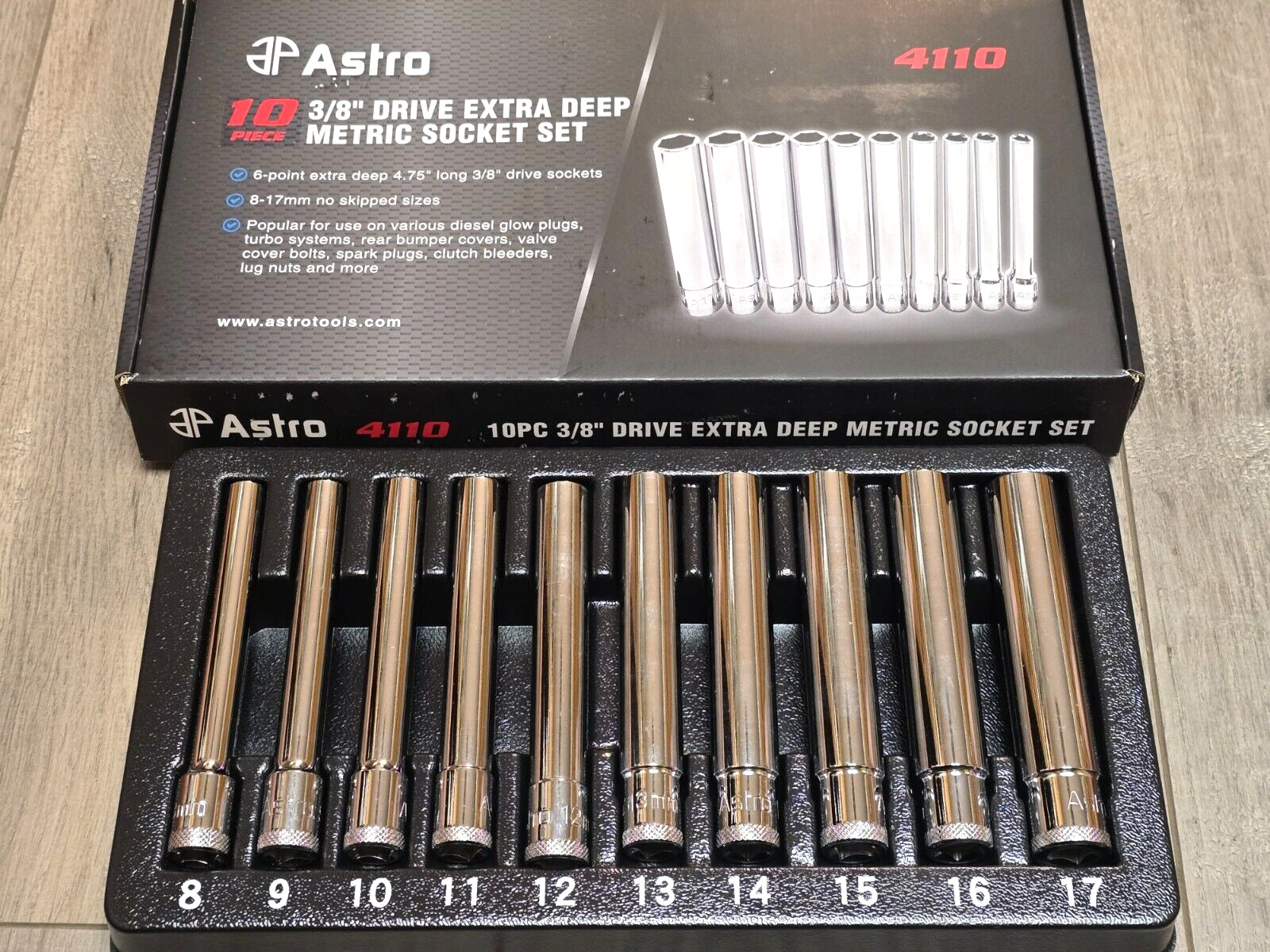 ASTRO 10pc Extra Deep (4.75" Long) Metric Socket Set 8-17mm, 3/8" drive #4110