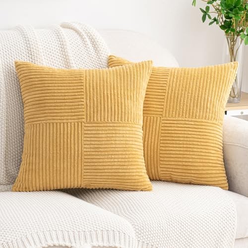 Corduroy Patchwork Throw Pillow Covers 18" x 18" (Pack of 2) Mustard Yellow