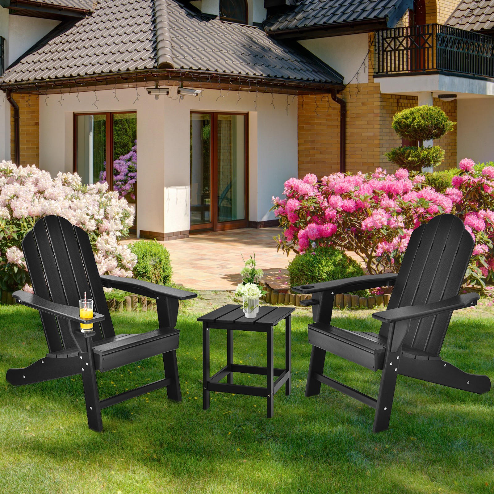 Outdoor 2PCS Adirondack Chair Weather Resistant Garden Deck W/Cup Holder Black
