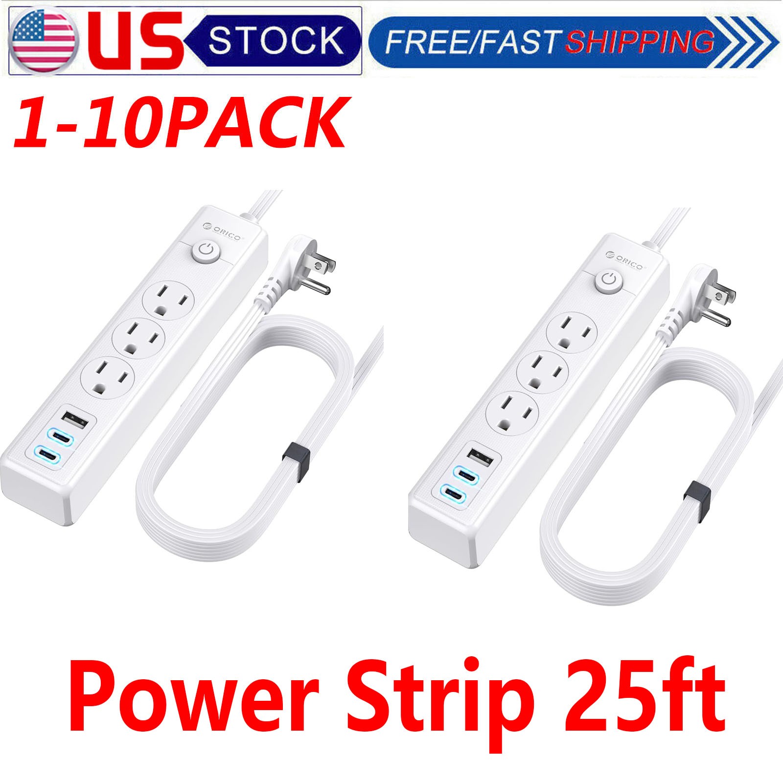 3 Outlet USB Surge Protector Power Strip Grounded Flat Plugs Extension Cord 25ft