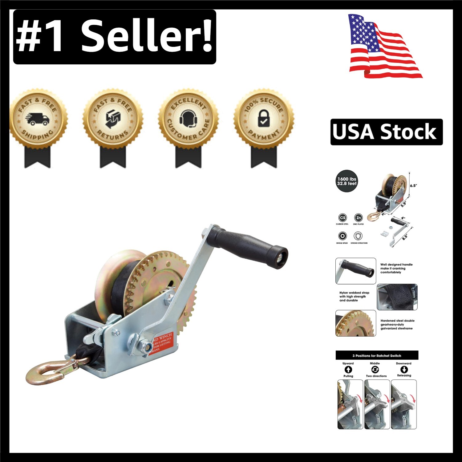 Ergonomic 1600lbs Winch with Durable Nylon Strap - Perfect for Boats & Trailers