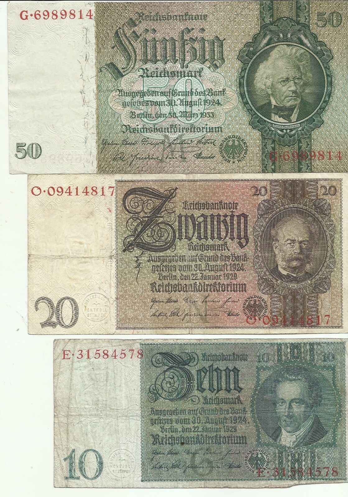 GERMANY LOT SET 10-20-50 REICHSMARKS 1929-1933. NAZI.  F-VF CONDITION. 9RW 28SET