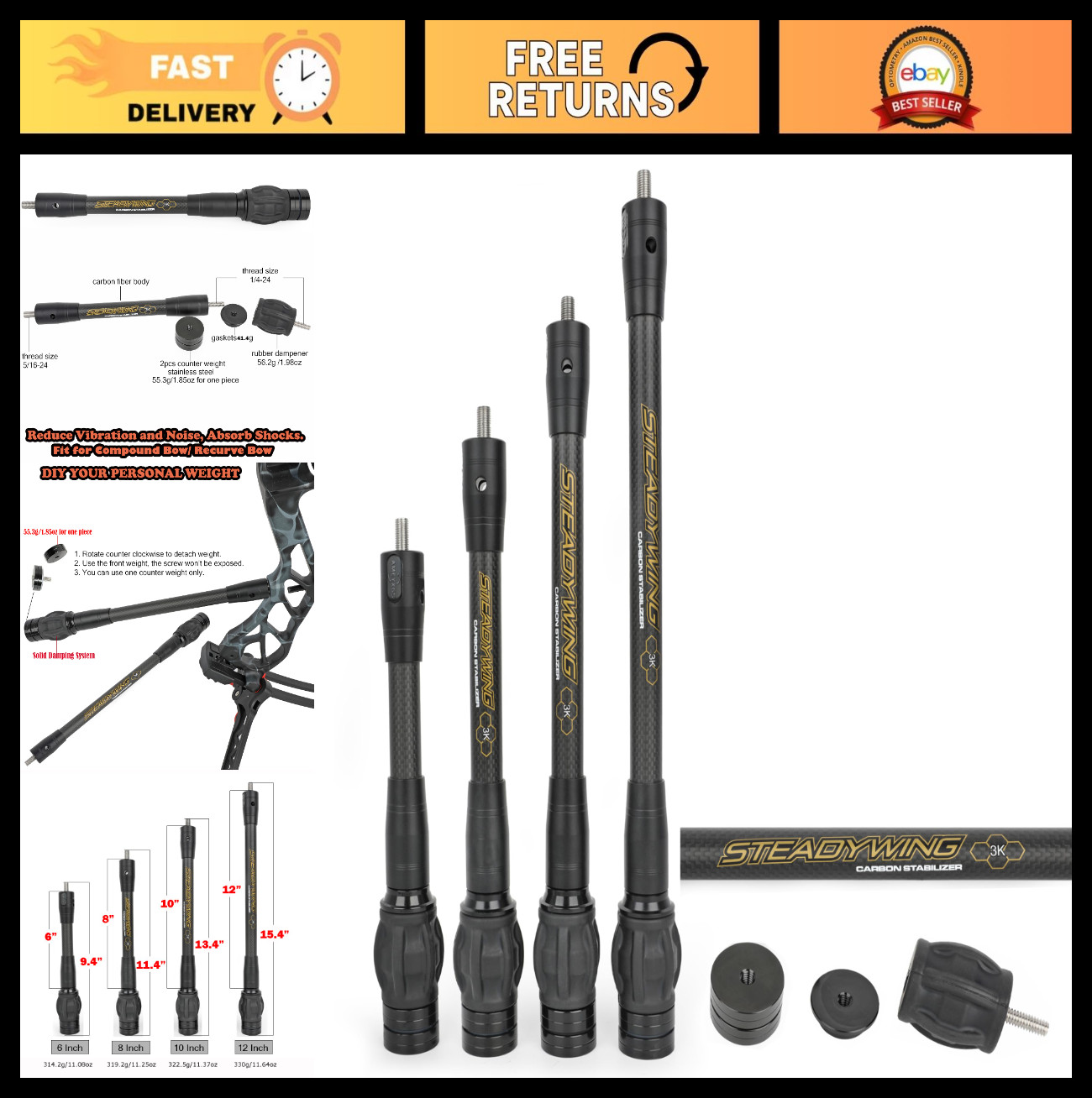 6-15 Inch Archery Bow Stabilizer, Carbon Fiber, Flexible Core, Damping System &