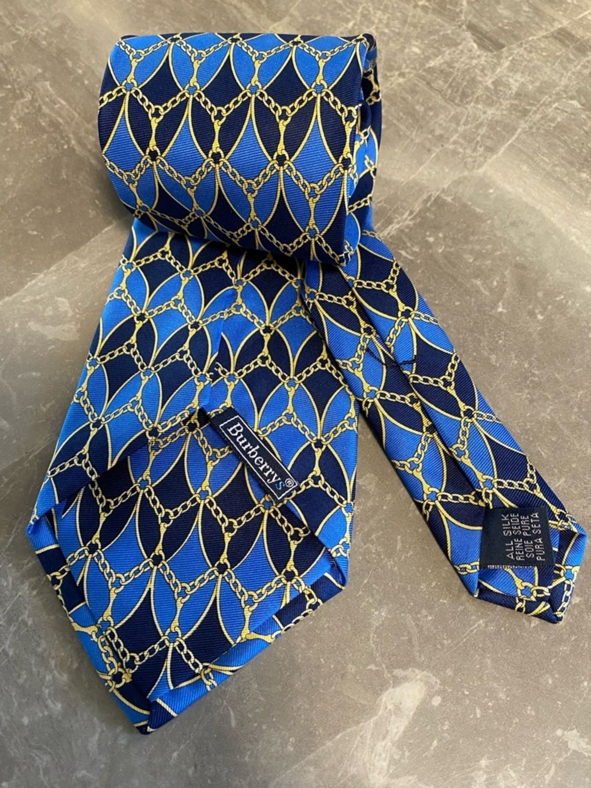 Vintage Burberry Blue Gold All Silk Necktie Chain Link USA Geometric Luxury Prep