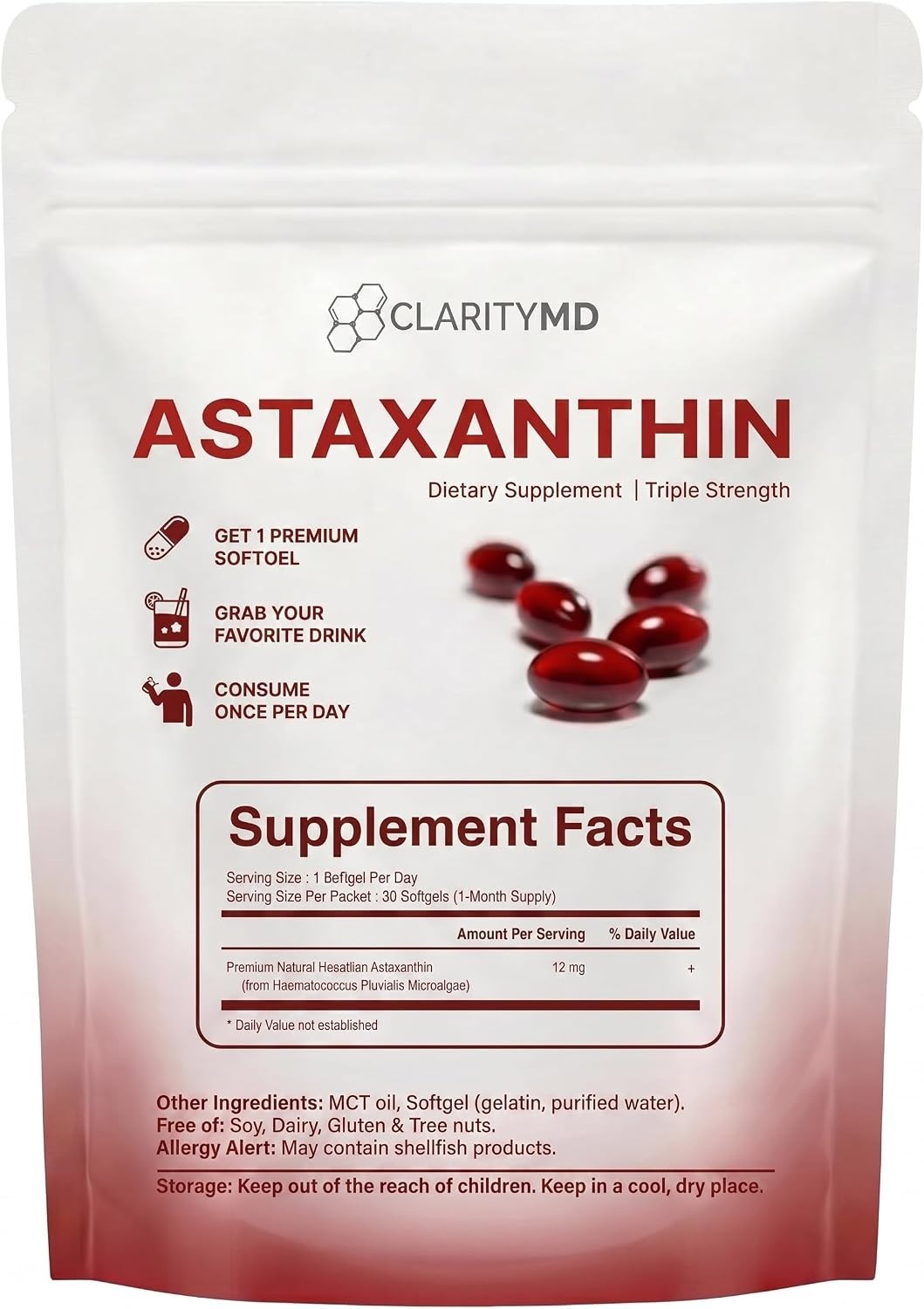 ClarityMD Astaxanthin 12mg Antioxidants Supplement – Natural Microalgae Source –