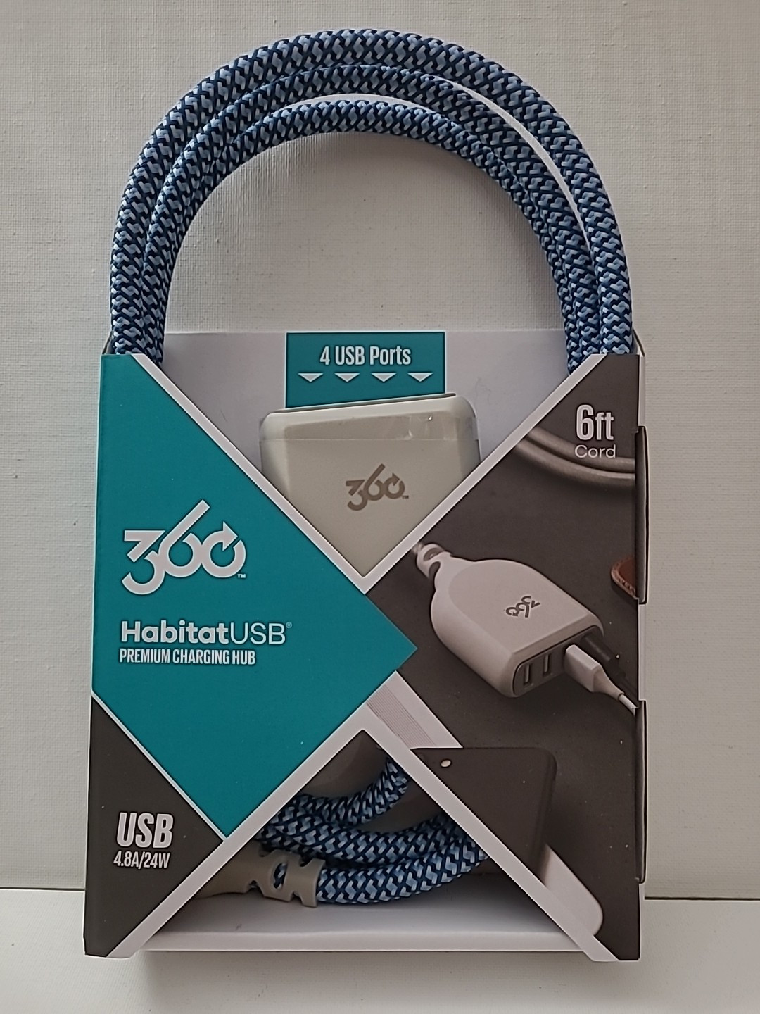 360 Habitat USB Premium Charging 4-Port Hub 6 Ft. Braided Cord Summer Twilight