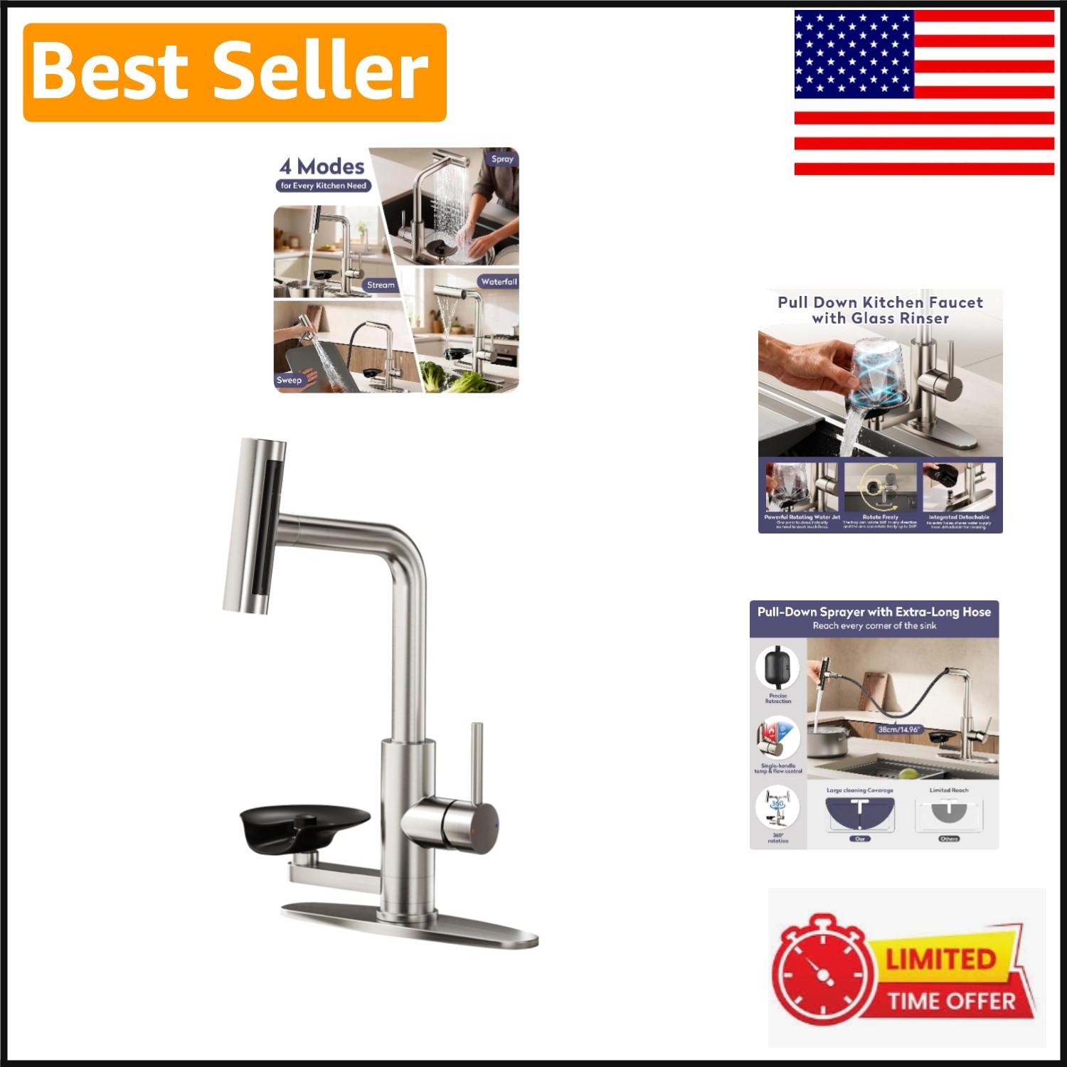 Stylish Brushed Nickel 2-in-1 Kitchen Faucet with Pull Down Sprayer & Cup Washer