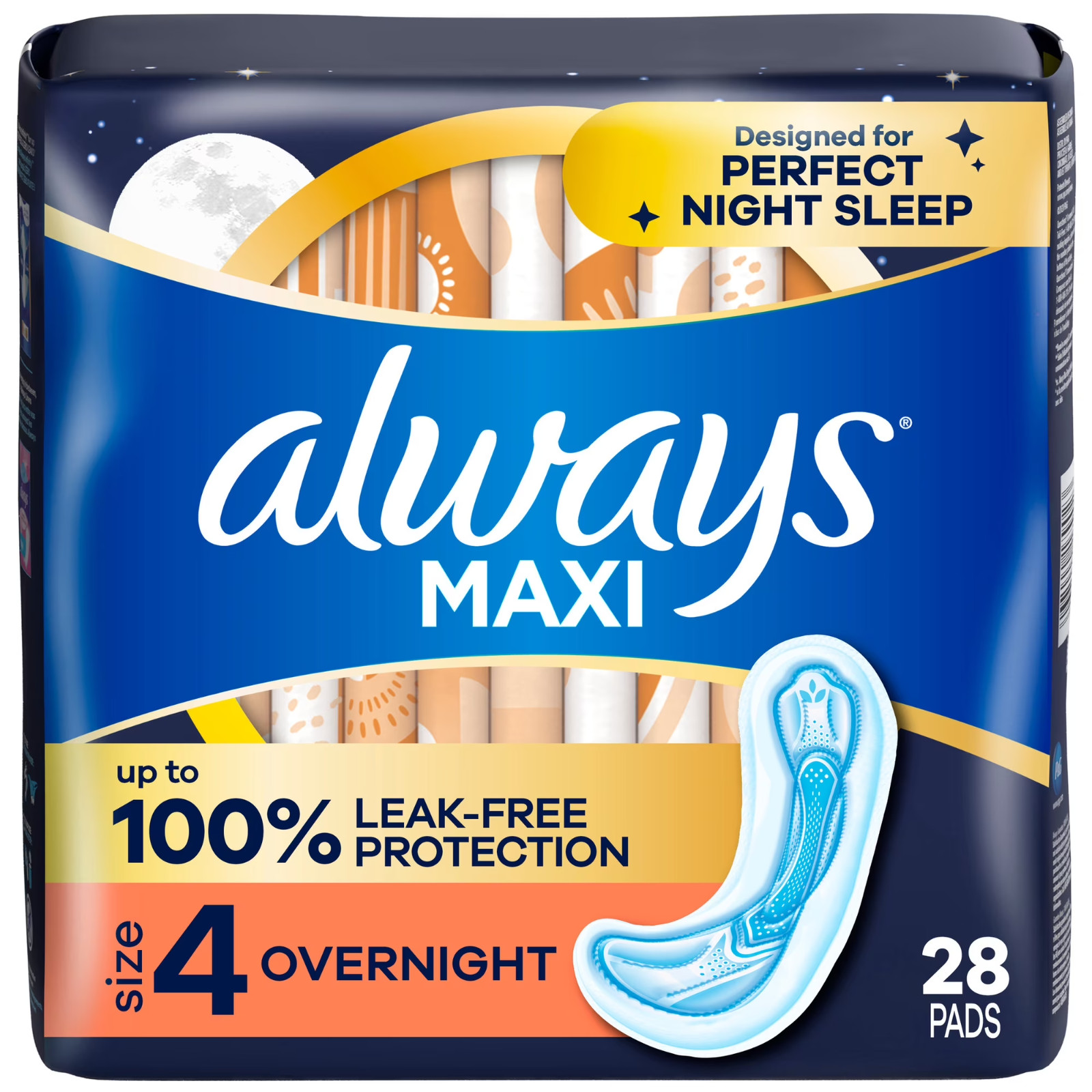 Always Maxi Pads without Wings, Size 4, Overnight Absorbency, 28 CT