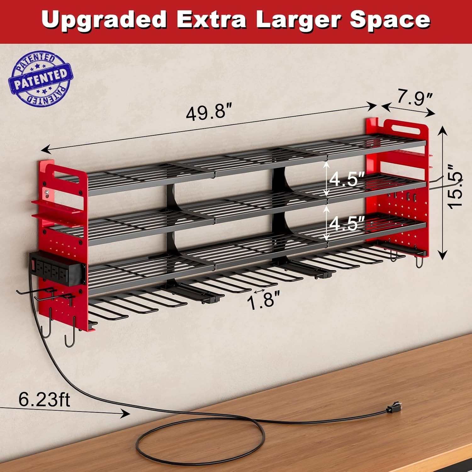 Sturdy Wall-Mounted Tool Rack with Pegboard Design & 4-Outlets for Power Tools