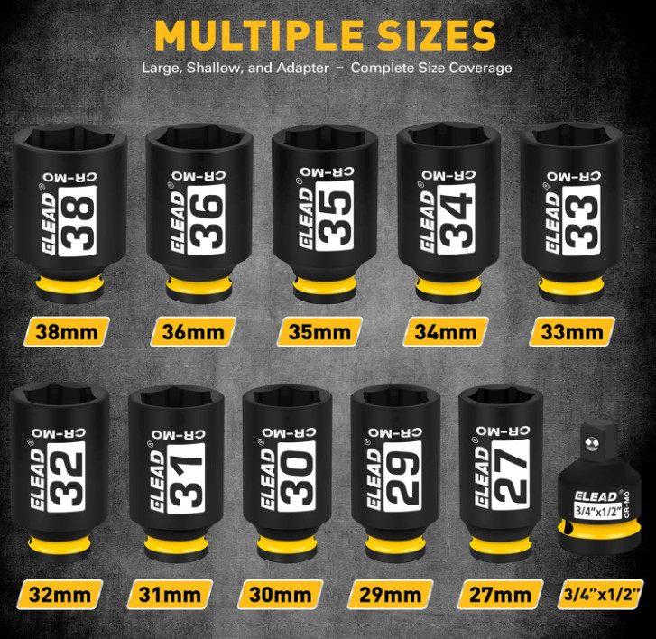 1/2" Drive Deep Impact Socket Set 11Pc Metric 27–38mm Axle Nut Sockets