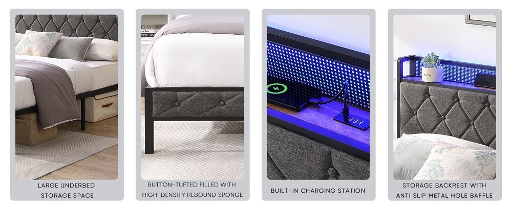 Full Size Bed Frame w/ LED Headboard, Storage & Platform, Outlet, USB Ports