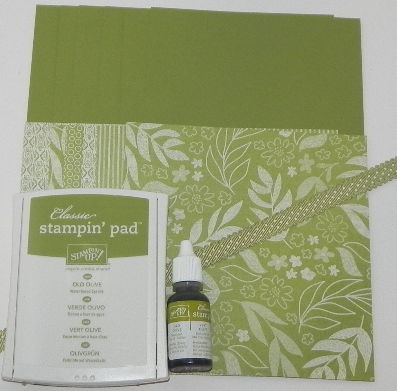 OLD OLIVE INK PAD REFILL 6X6 DESIGNER PAPER A2 CARDSTOCK RIBBON STAMPIN UP