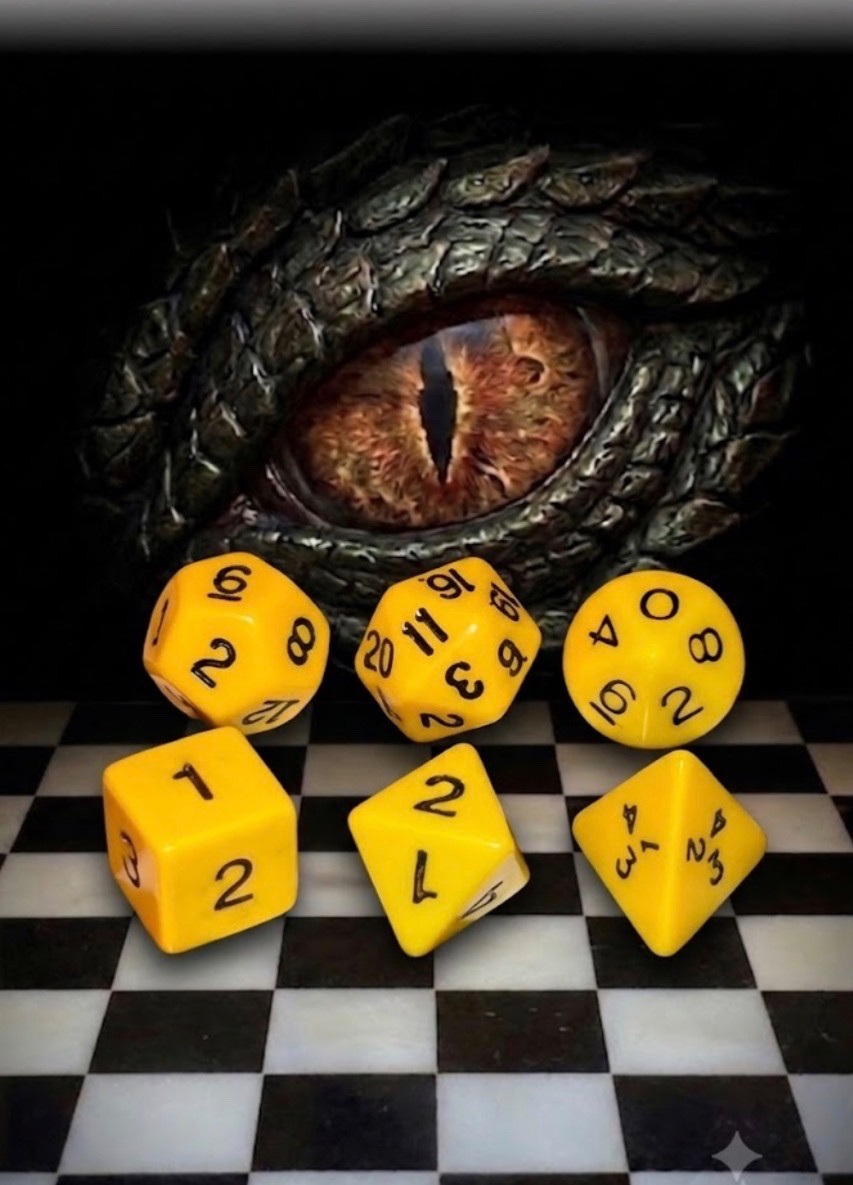 Vintage Chessex Armory mold opaque yellow w/ black set d&d rpg dice 051525@