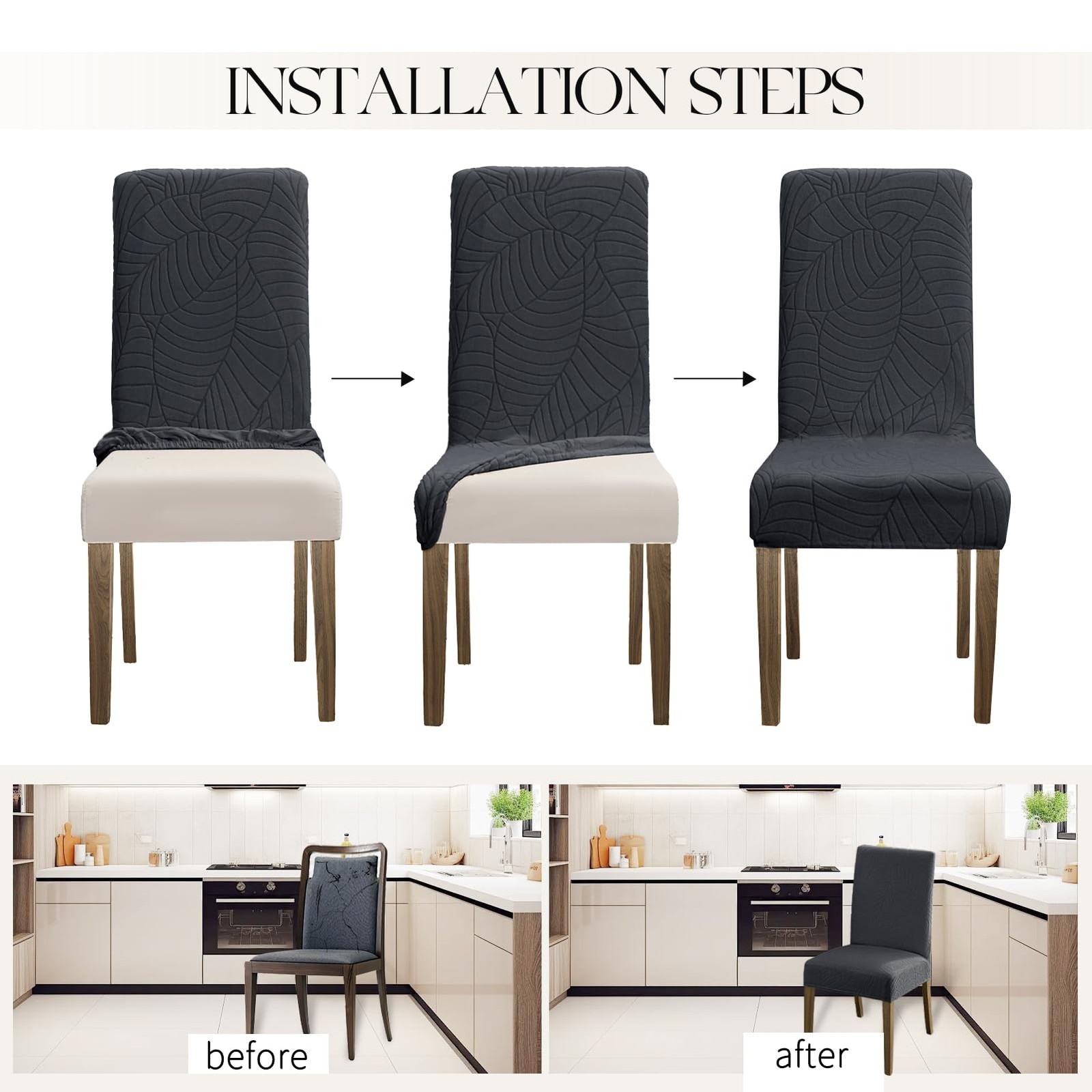 MOSAYT 100% Waterproof Dining Room Chair Covers L - 6 Pack, Leaf-dark Grey