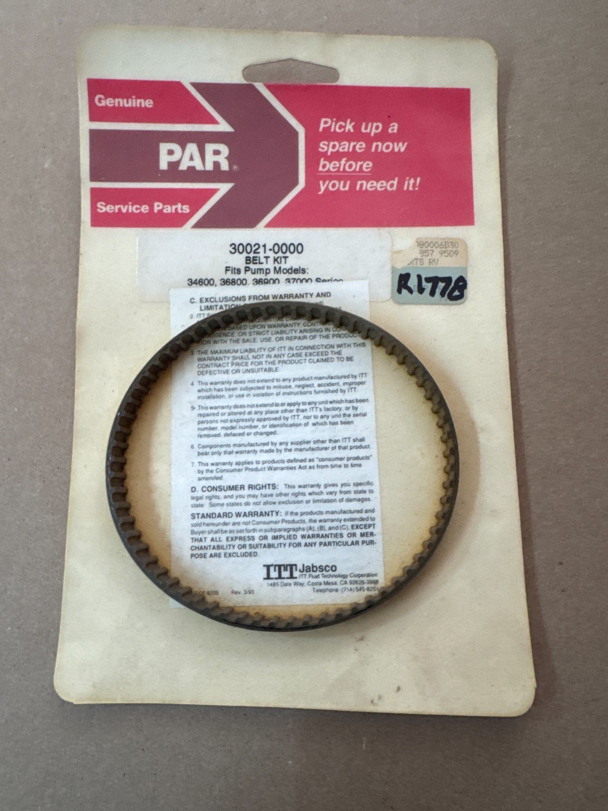Genuine PAR 30021-0000 BELT KIT Fits Pump Models: 34600,36500,36900,37000 Series