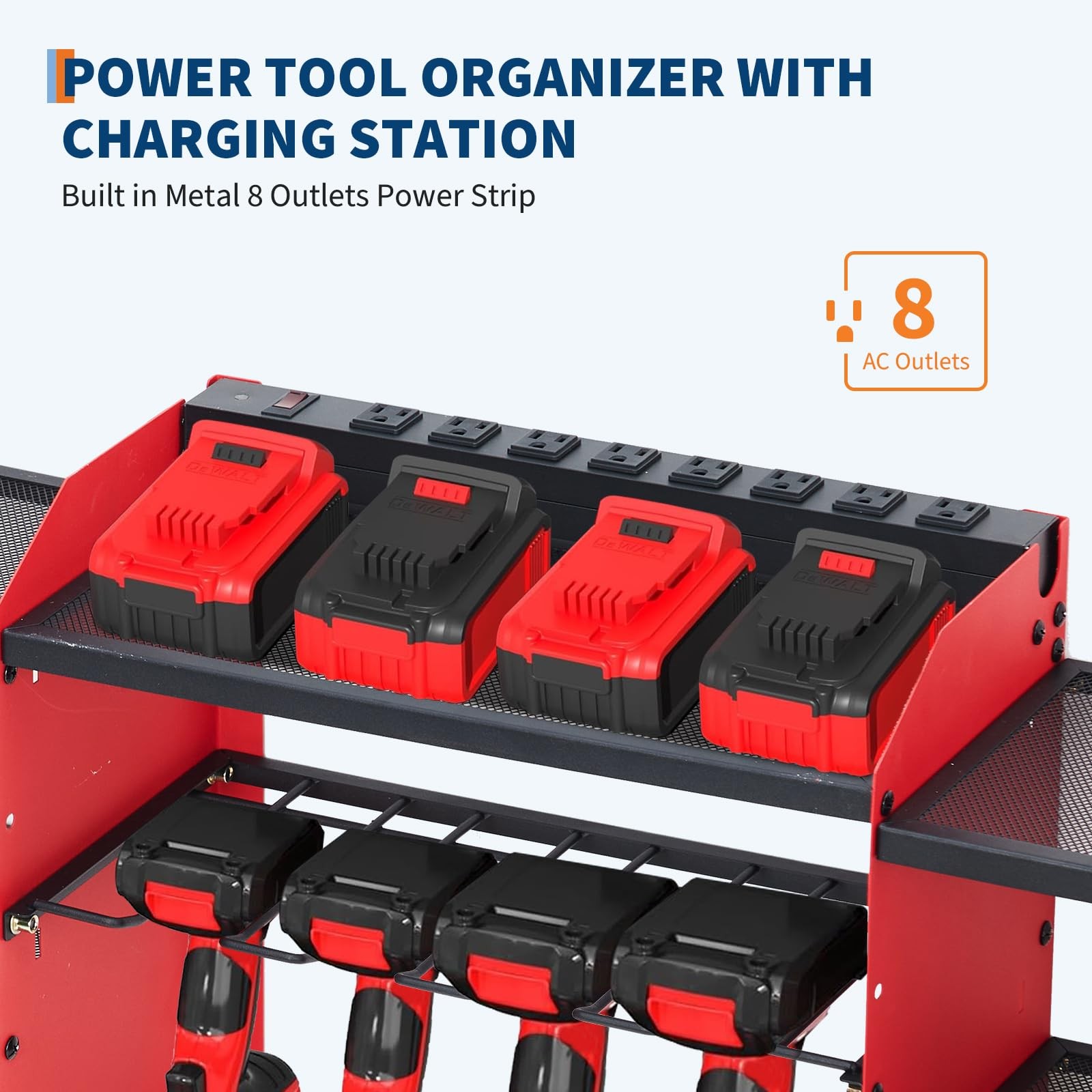 Power Tool Organizer Wall Mount 3-Layer Garage Rack 8 Outlets Drill Storage Hook
