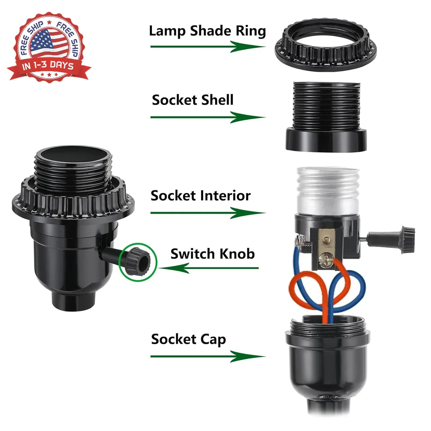 2 Pack Aluminum E26/E27 Light Socket Replacement with ON/Off Switch Rust-Resista