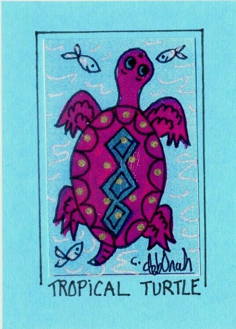 PURPLE TURTLE Mixed-Media Hand-Decorated TROPICAL FISH FOLK ART IN A MAGNET
