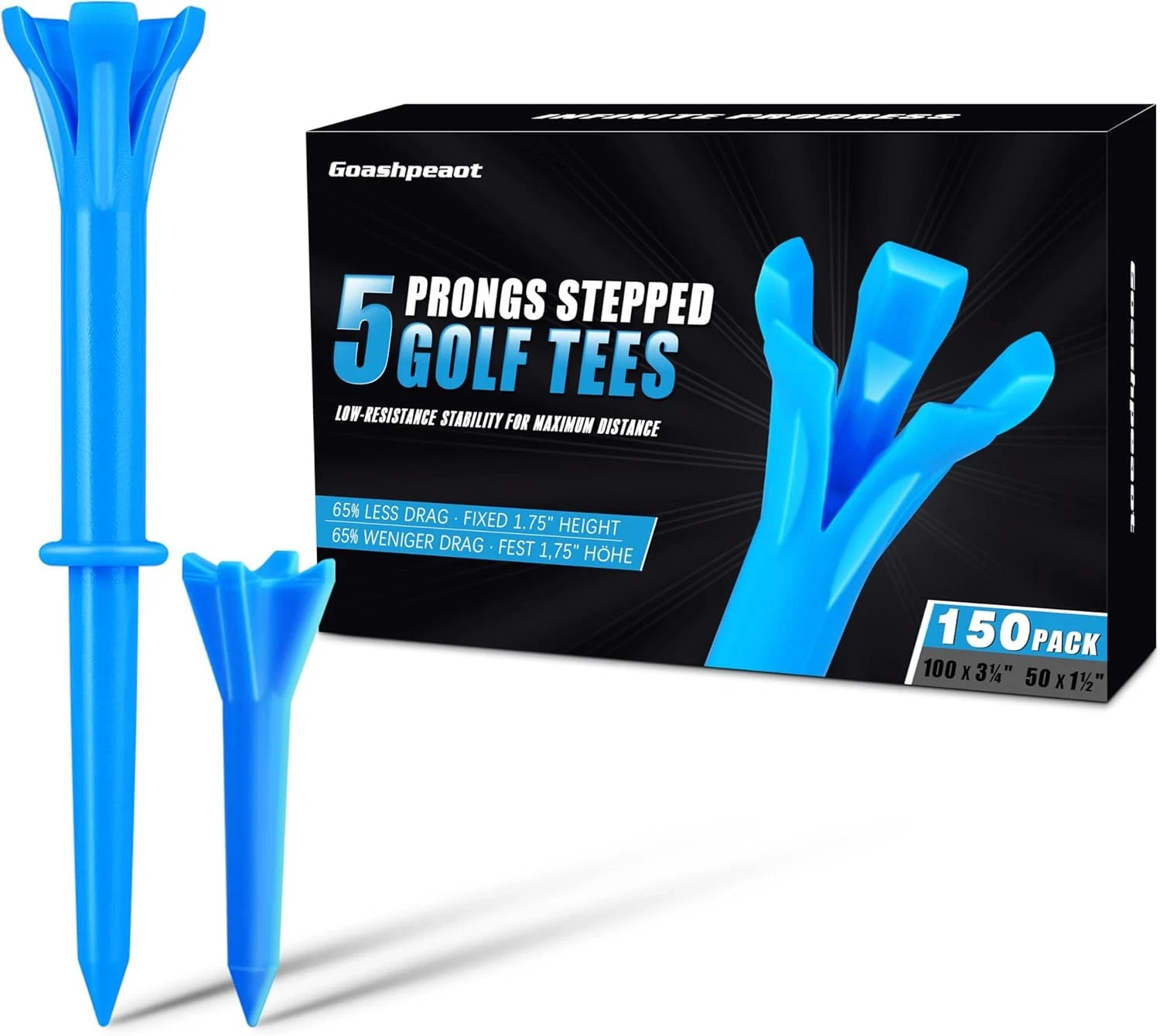 150 Pack Mixed Sizes (3-1/4"X100 & 1-1/2"X50) 5-Prong Golf Tees – Ultra-Stable &