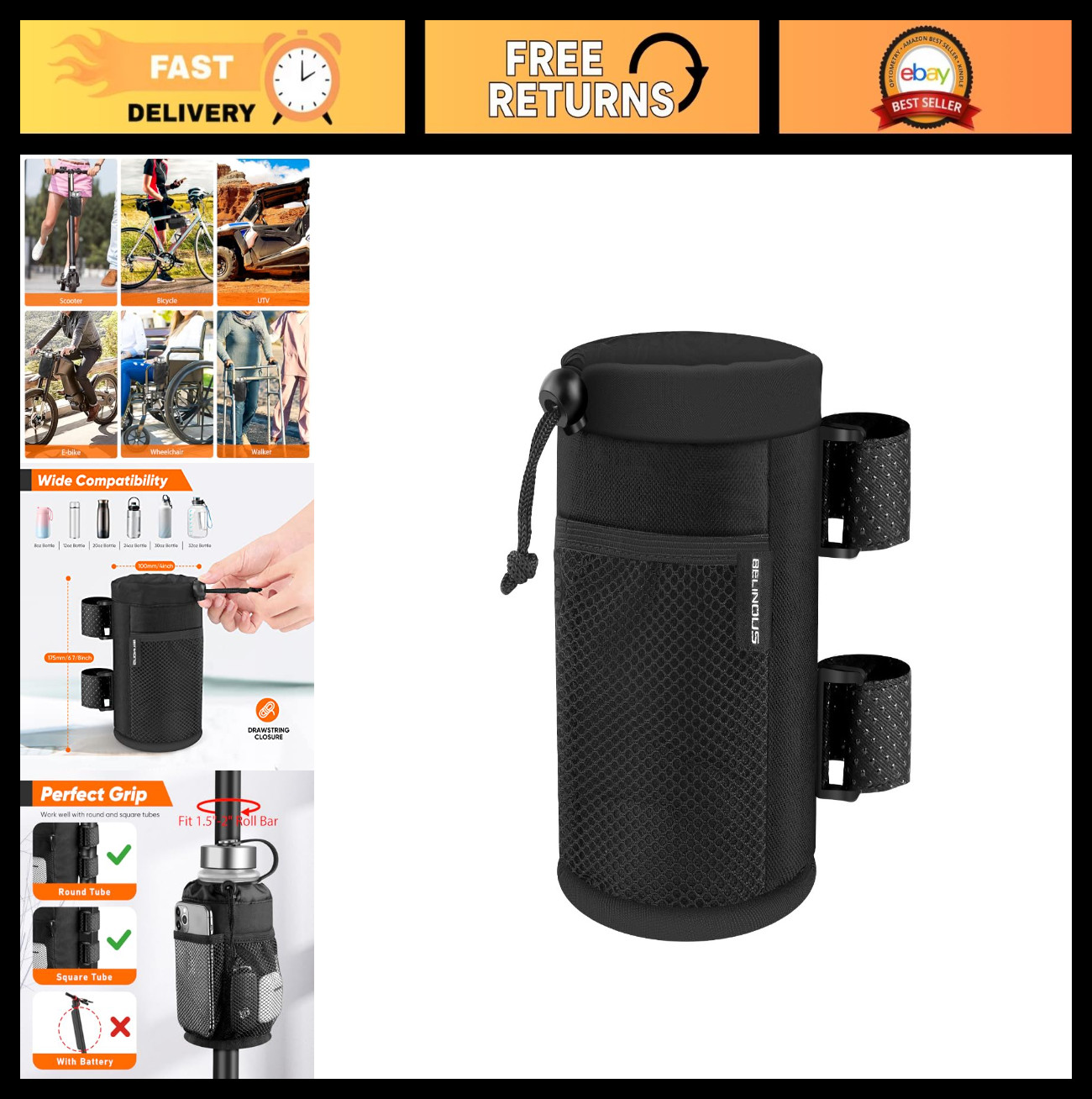 Scooter Cup Holder for 8-32oz Bottles | Wheelchair & Walker Drink Holder, UTV, B