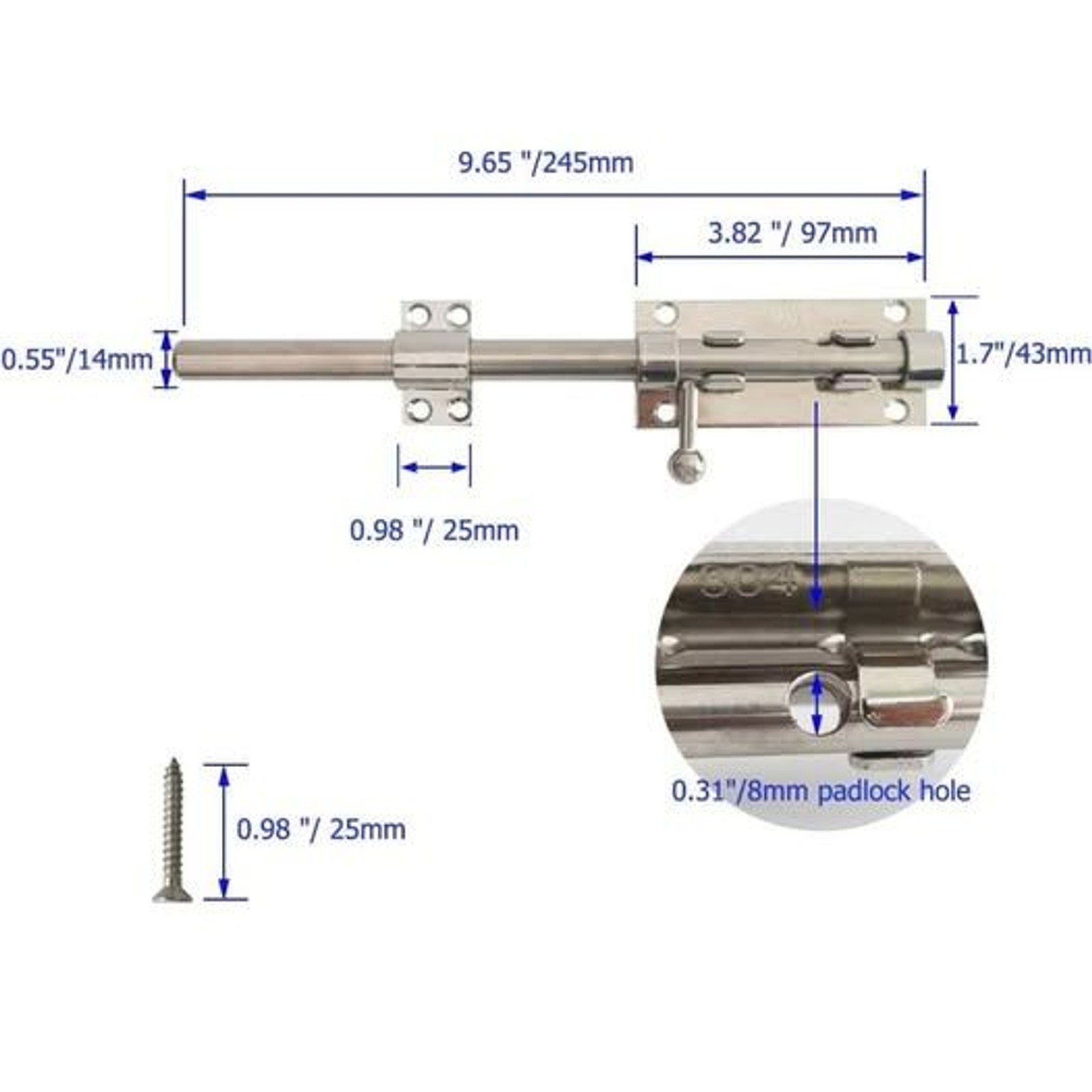 Barrel Bolt Latch Heavy Duty, 304 Stainless Steel  with Padlock Hole, 14mm Dia.