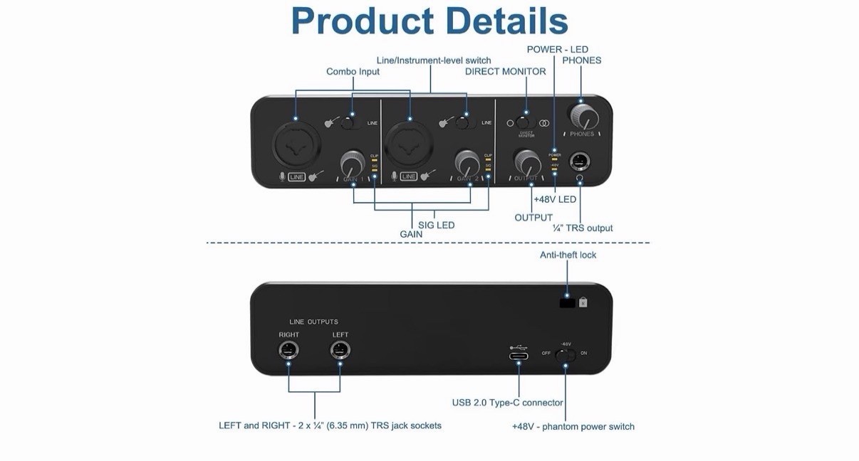 24Bit/192kHz USB Audio Interface with 48V Phantom Power - Studio Recording for M
